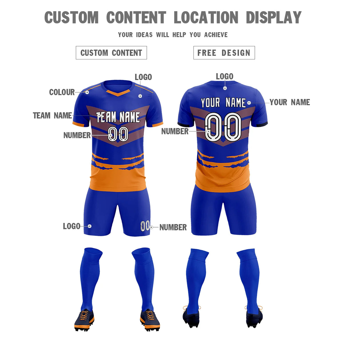 Custom Royal Blue Orange Men Uniform Soccer Sets Jersey