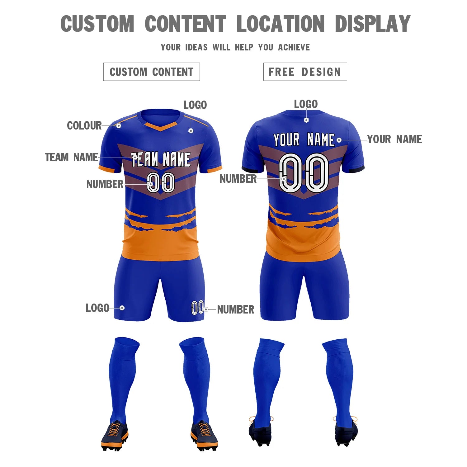 Custom Royal Blue Orange Men Uniform Soccer Sets Jersey