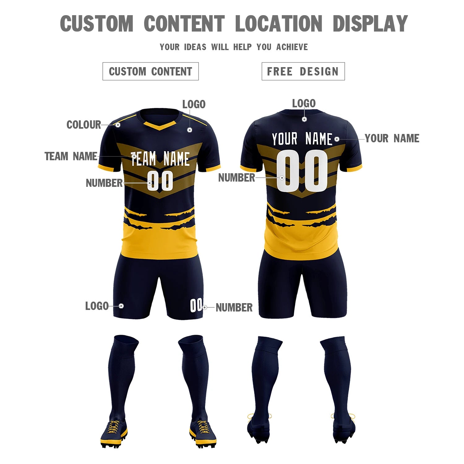 Custom Navy Yellow Men Uniform Soccer Sets Jersey