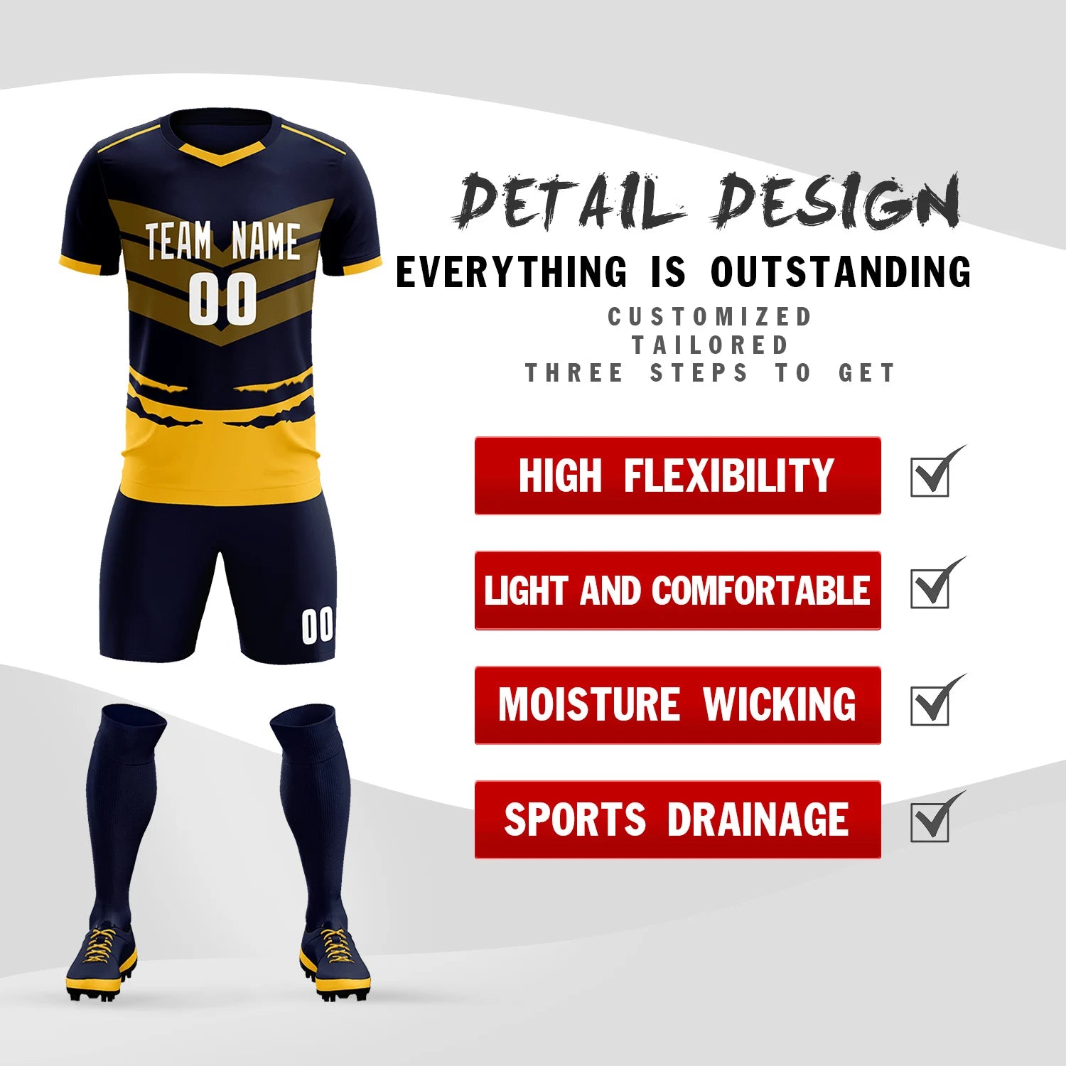 Custom Navy Yellow Men Uniform Soccer Sets Jersey