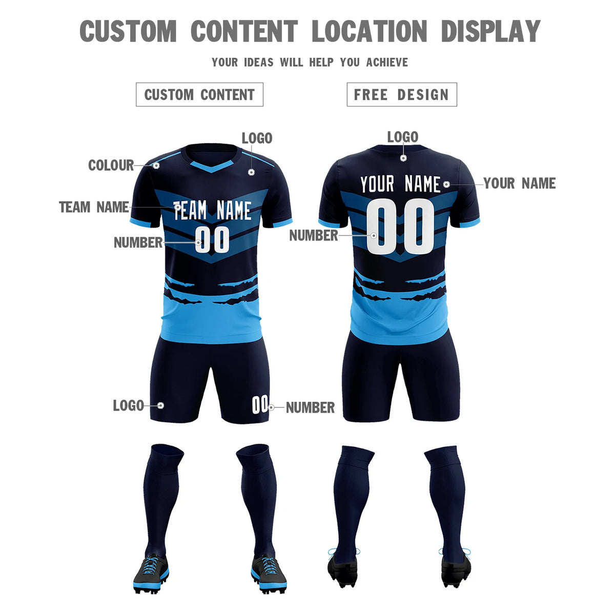 Custom Navy Powder Blue Men Uniform Soccer Sets Jersey