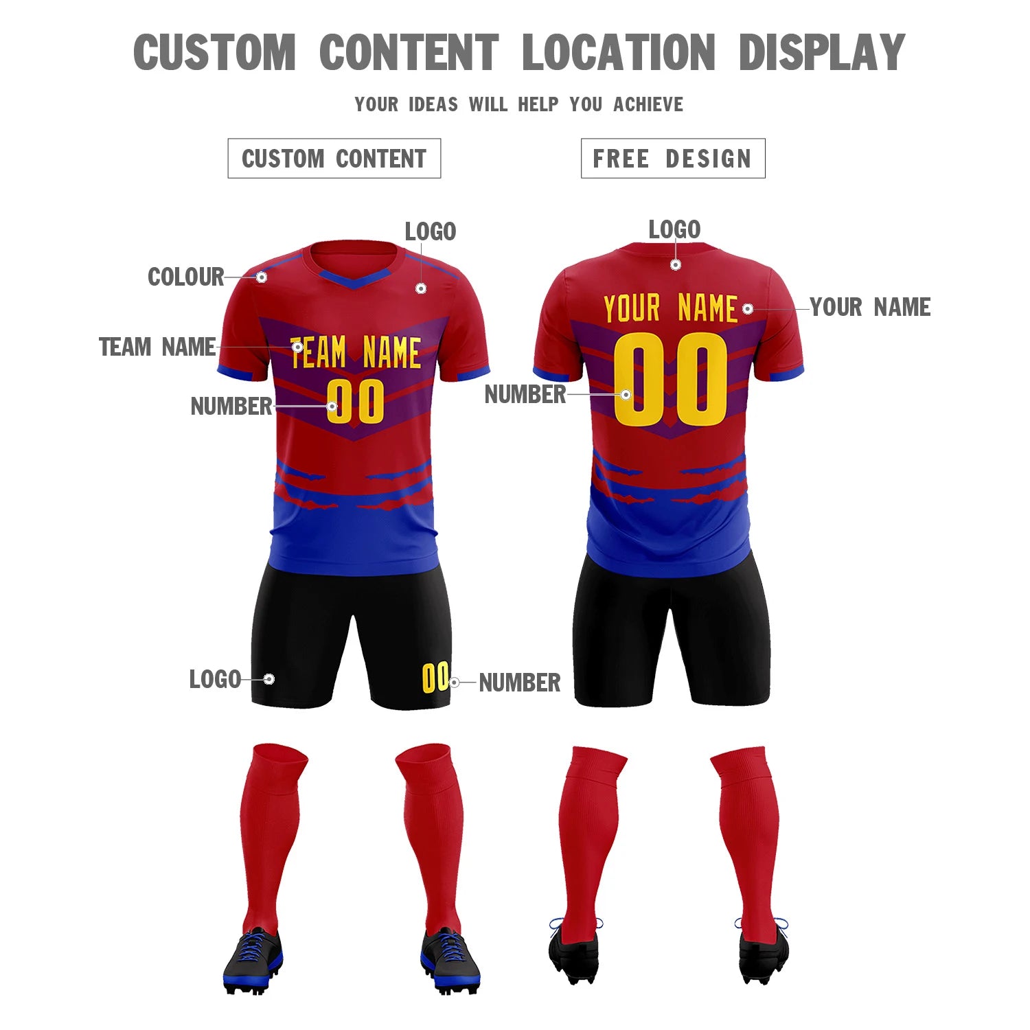 Custom Red Royal Blue Men Uniform Soccer Sets Jersey