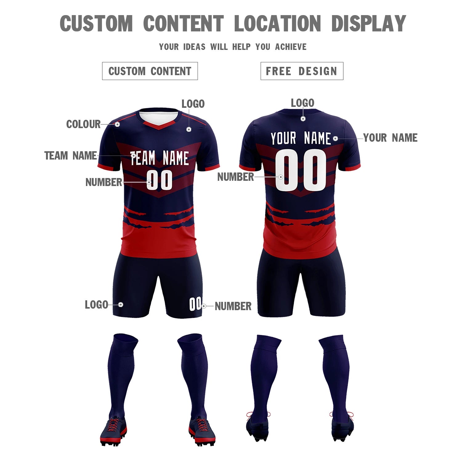 Custom Navy Red Men Uniform Soccer Sets Jersey