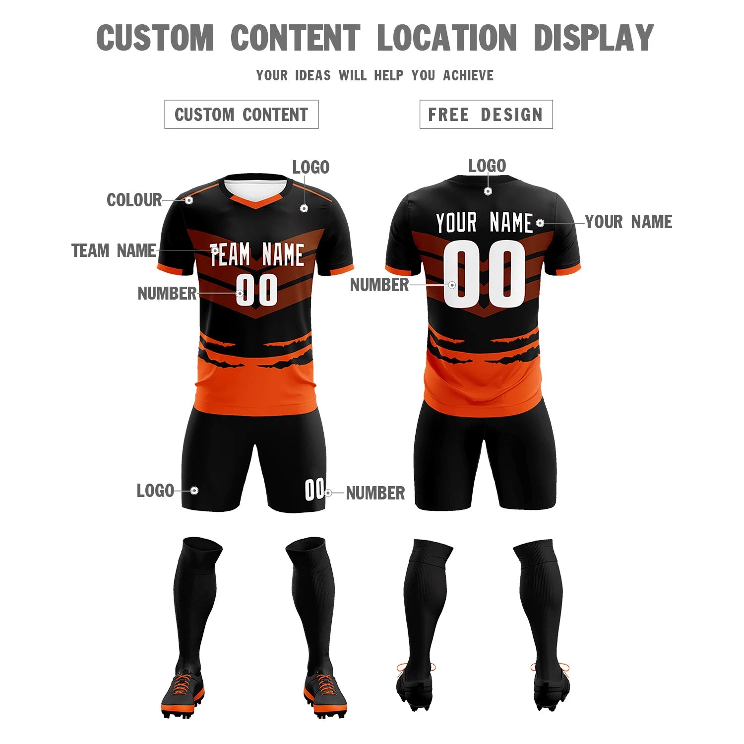 Custom Black Orange Men Uniform Soccer Sets Jersey