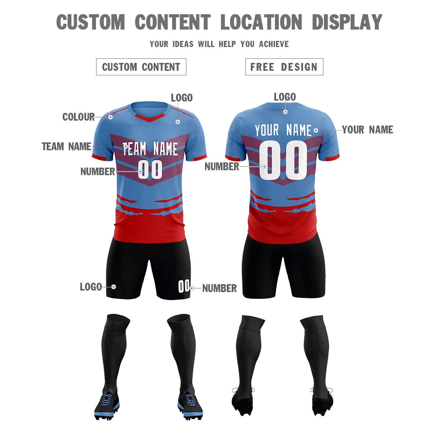 Custom Light Blue Red Men Uniform Soccer Sets Jersey