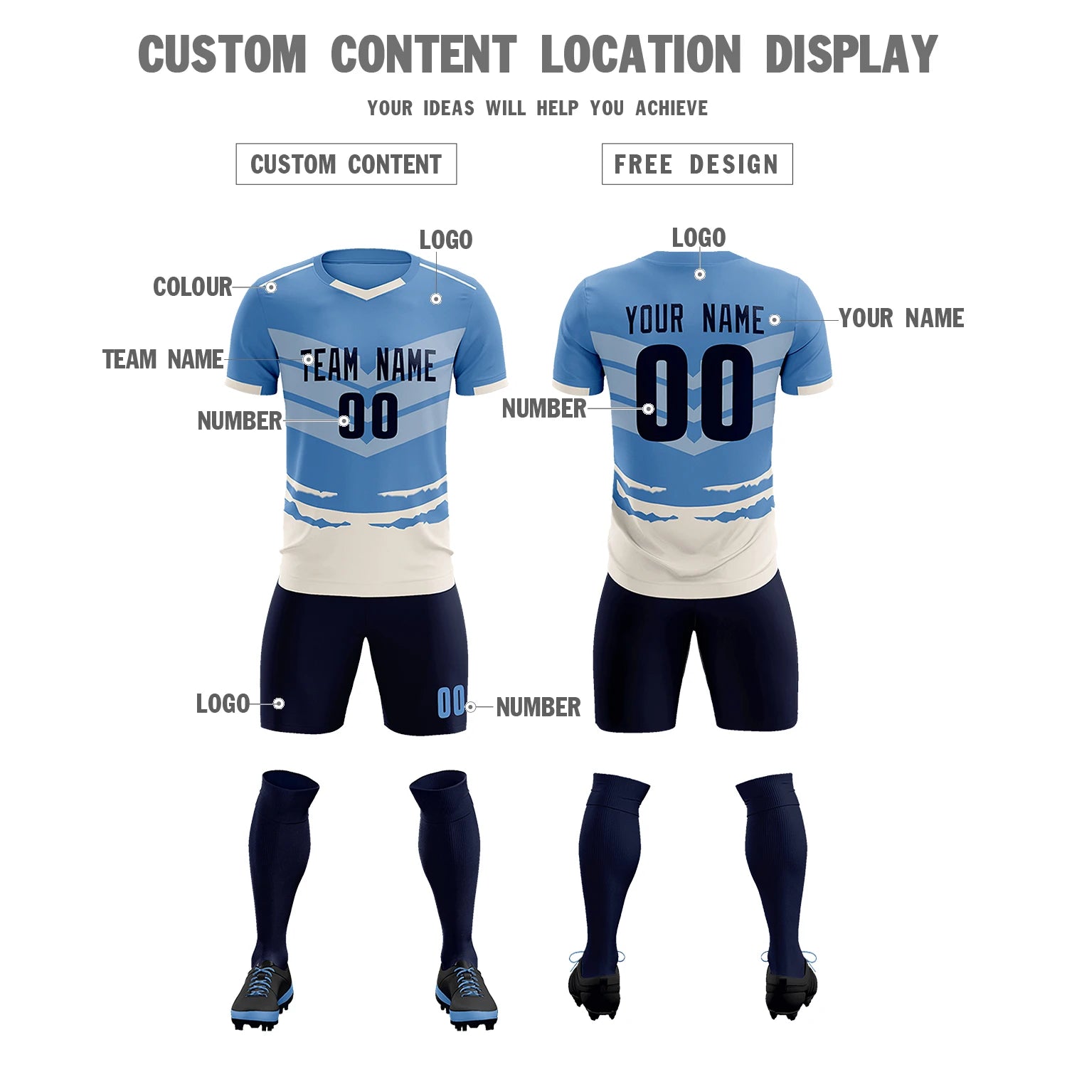 Custom Light Blue Cream Men Uniform Soccer Sets Jersey