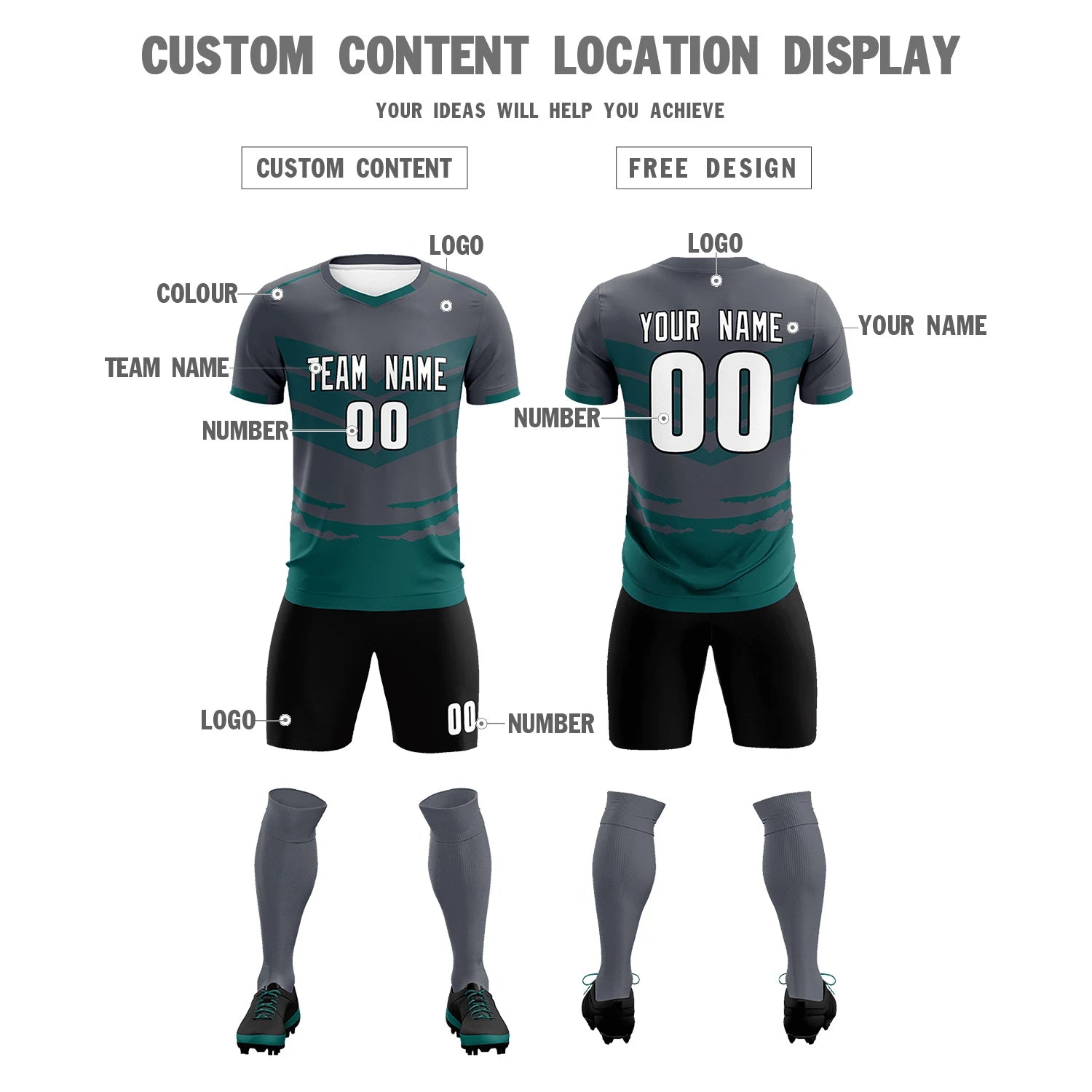 Custom Dark Gray Midnight Green Men Uniform Soccer Sets Jersey