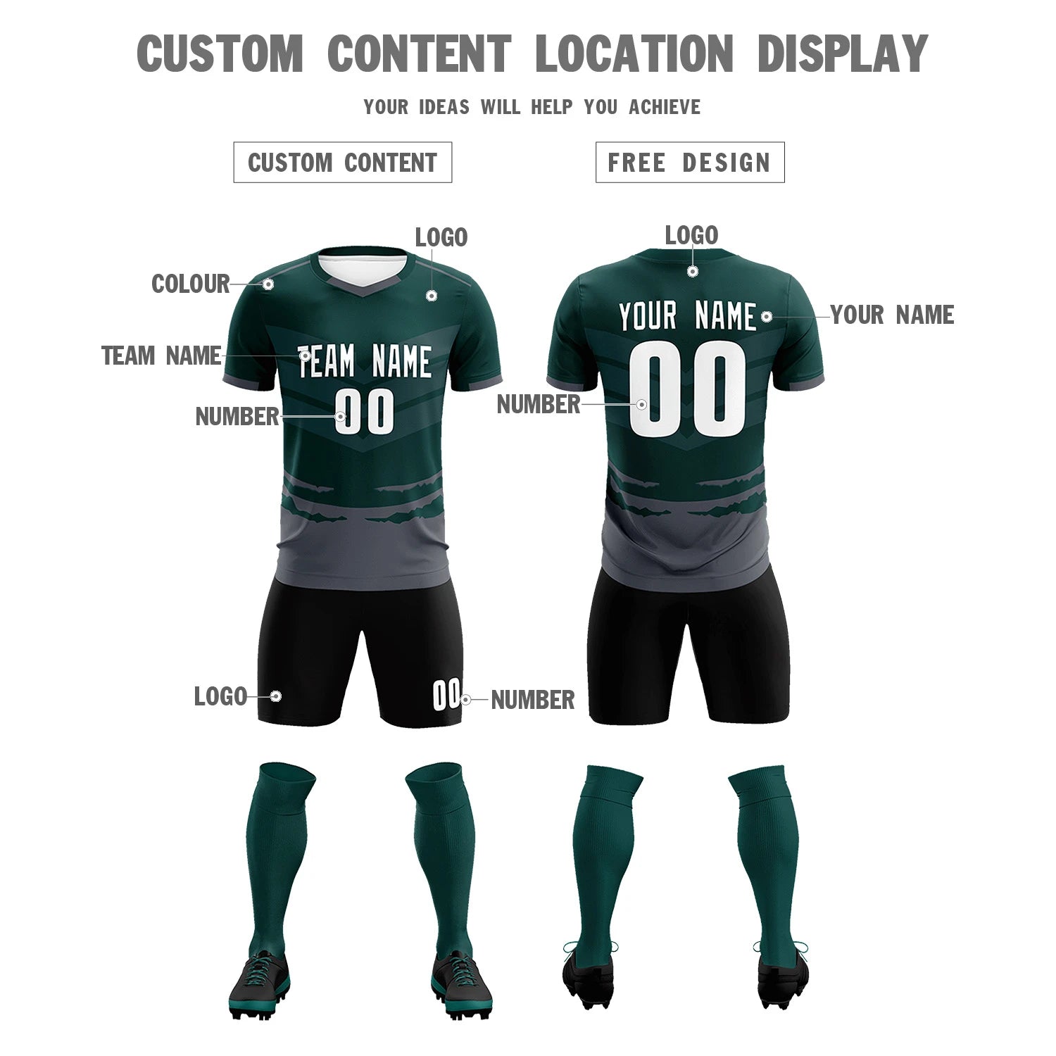 Custom Midnight Green Dark Gray Men Uniform Soccer Sets Jersey