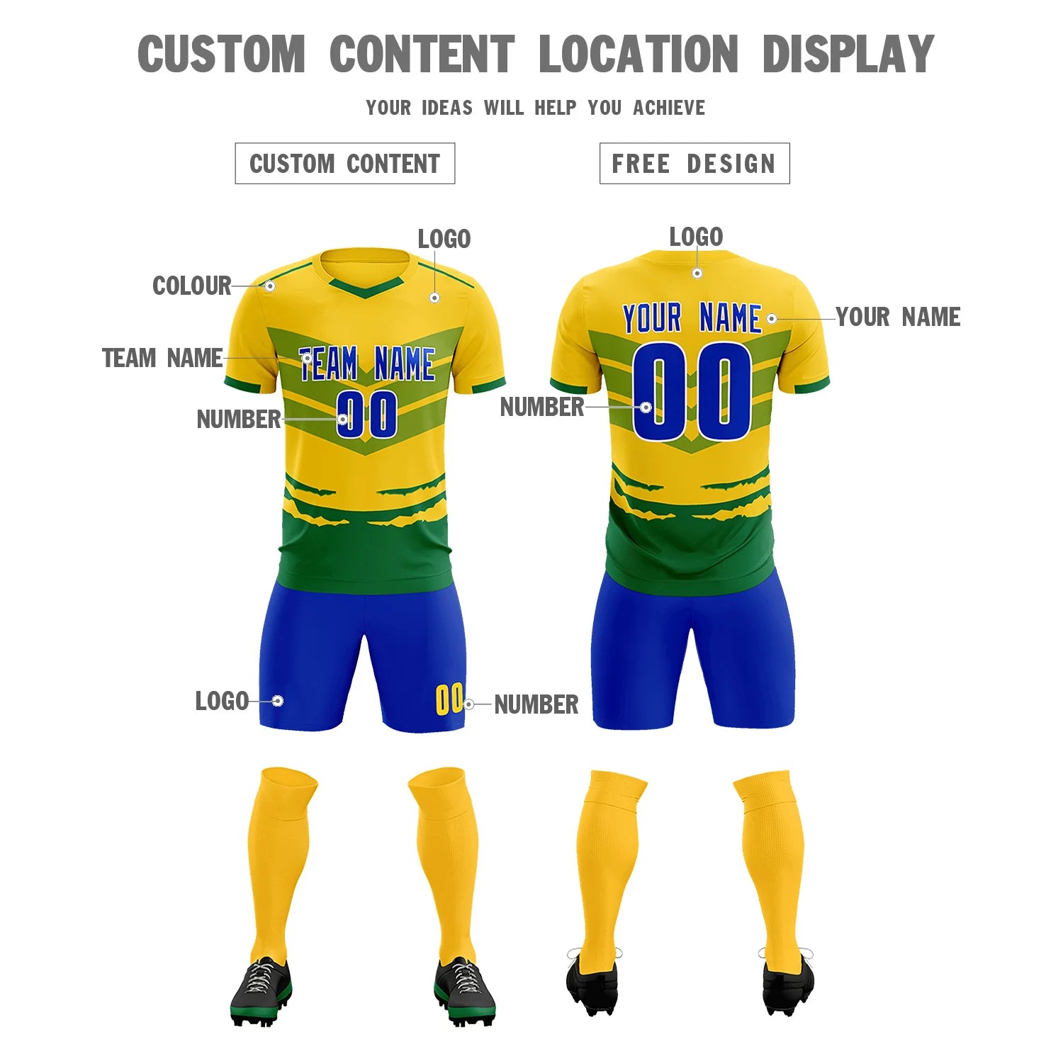 Custom Gold01 Kelly Green Men Uniform Soccer Sets Jersey