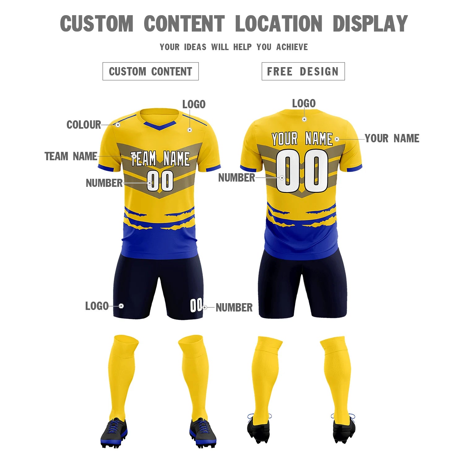 Custom Gold01 Royal Blue Men Uniform Soccer Sets Jersey