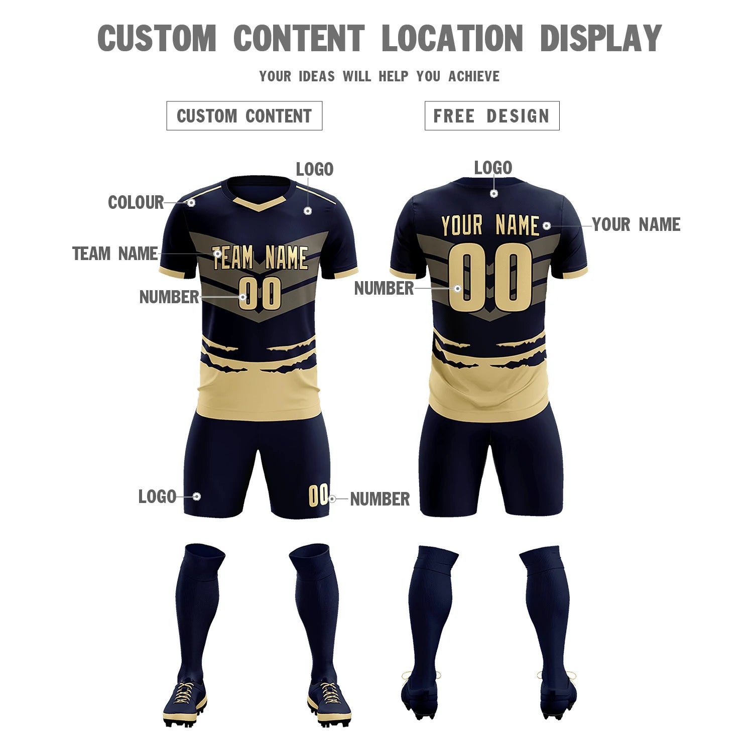 Custom Navy Khaki Men Uniform Soccer Sets Jersey