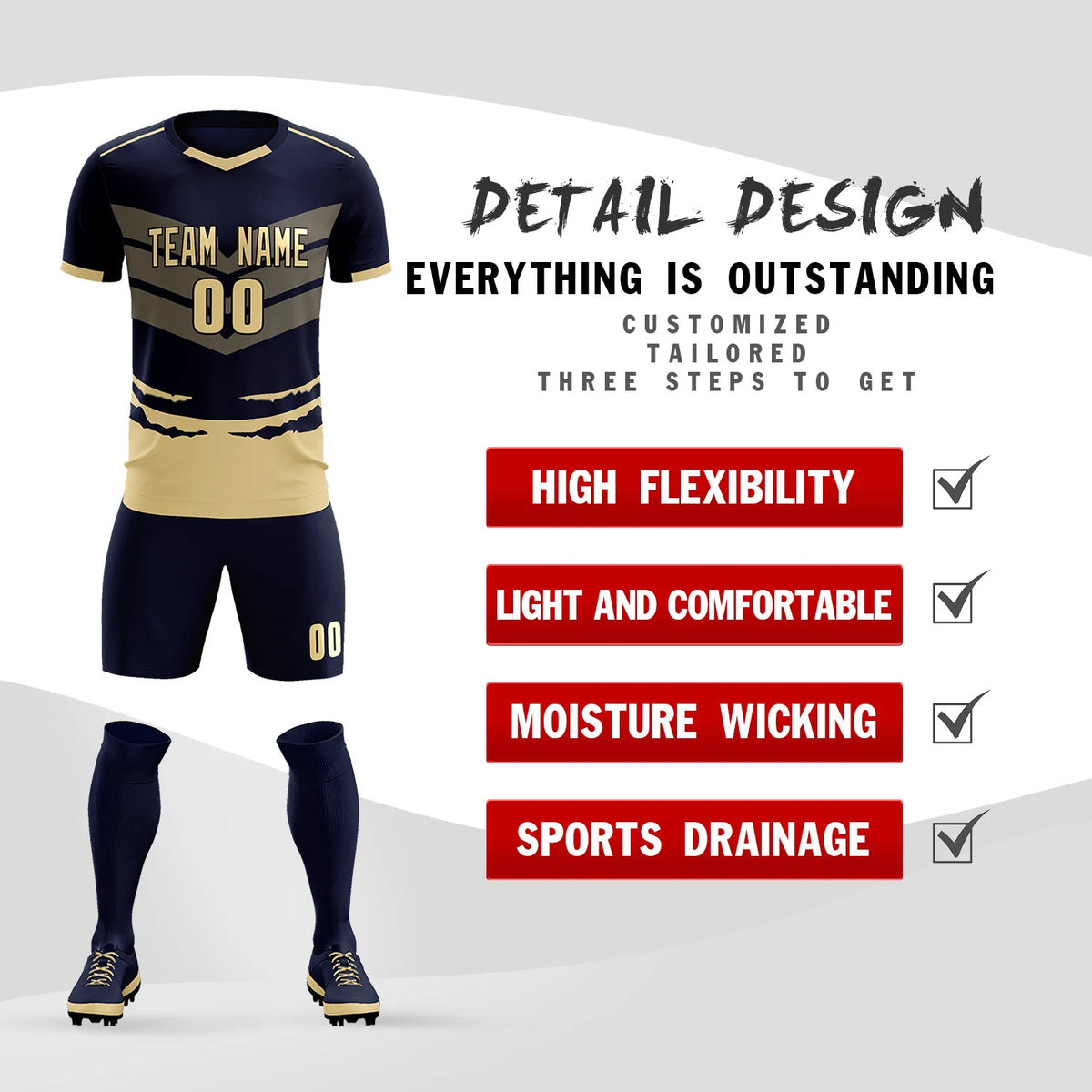 Custom Navy Khaki Men Uniform Soccer Sets Jersey