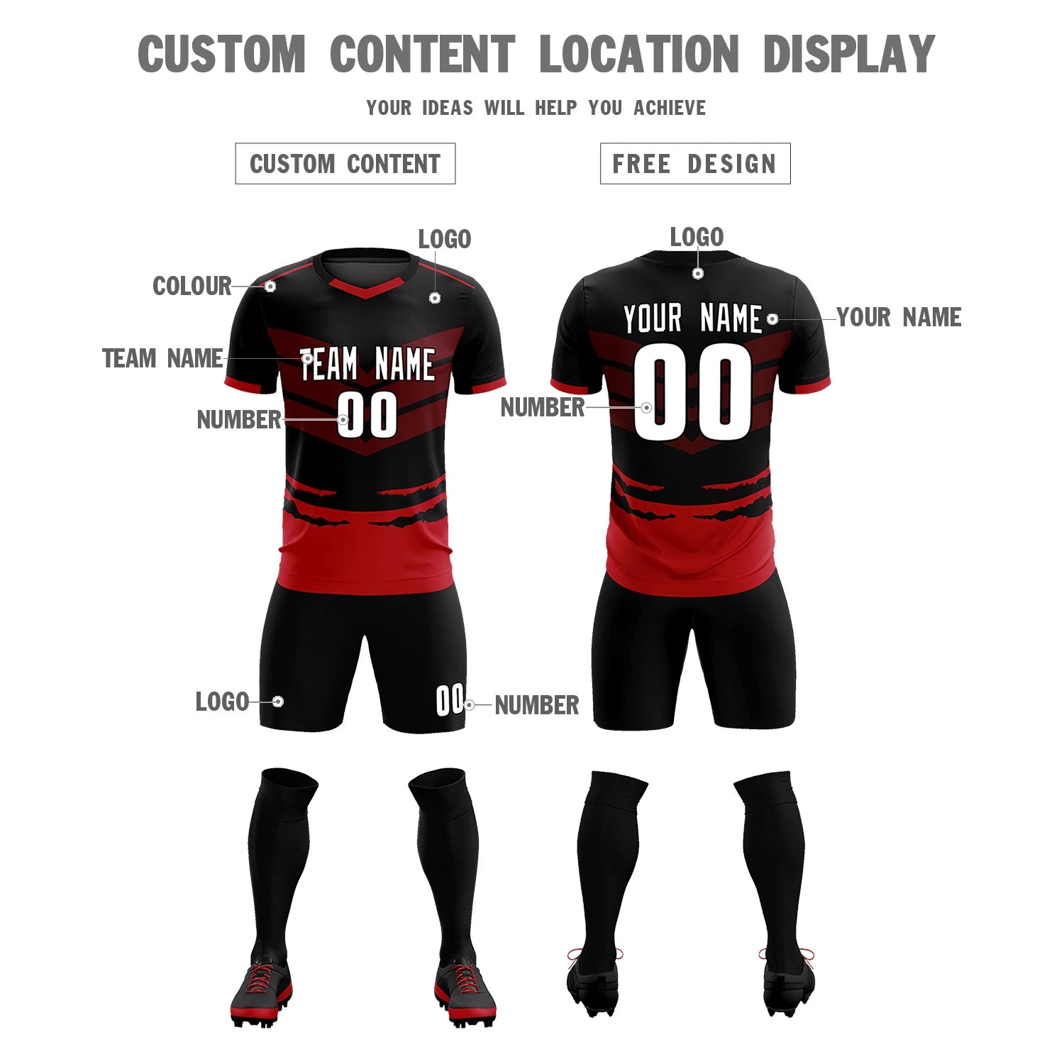 Custom Black Red Men Uniform Soccer Sets Jersey