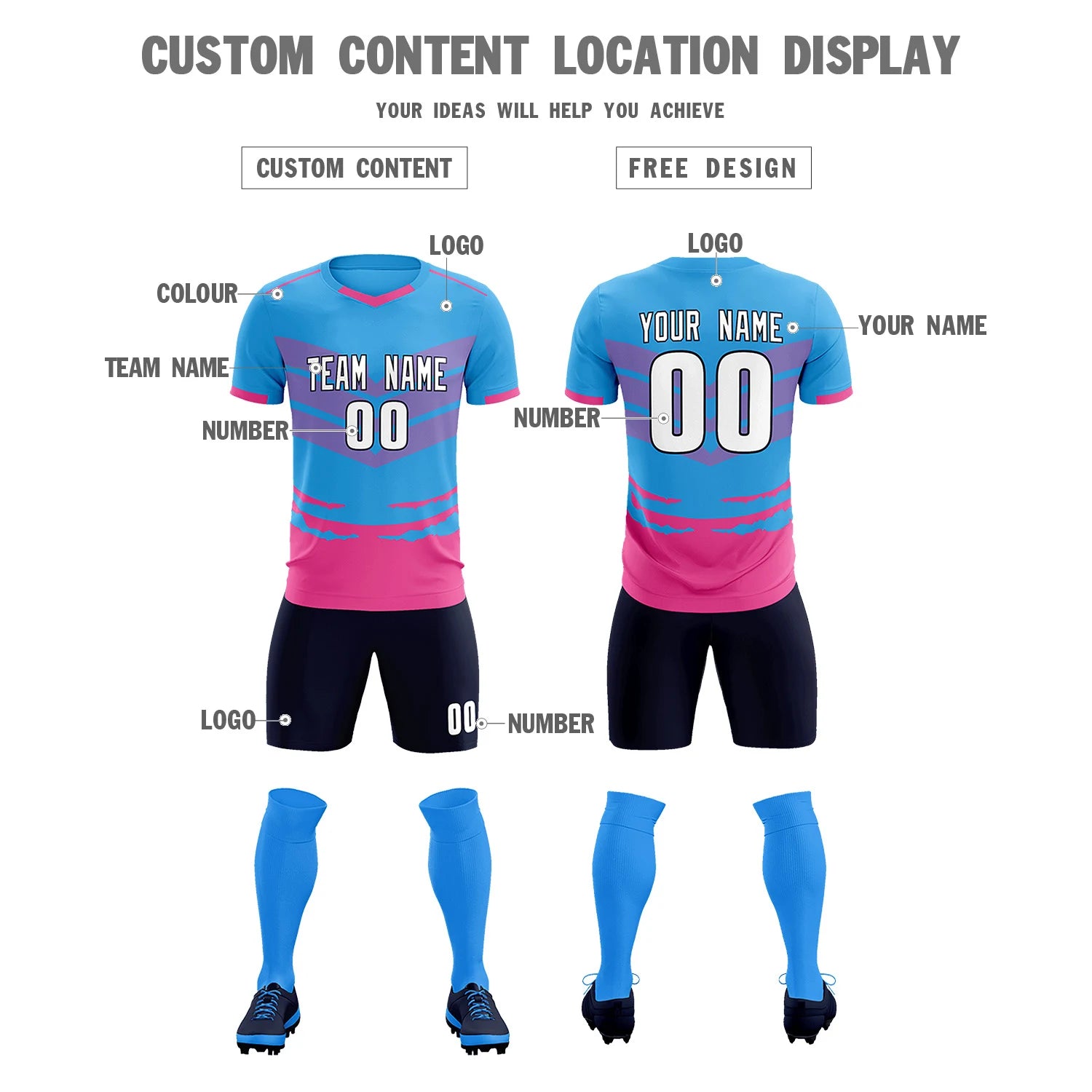 Custom Powder Blue Pink Men Uniform Soccer Sets Jersey