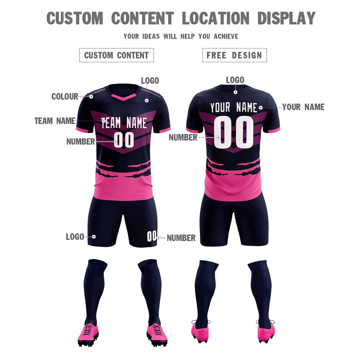 Custom Navy Pink Men Uniform Soccer Sets Jersey