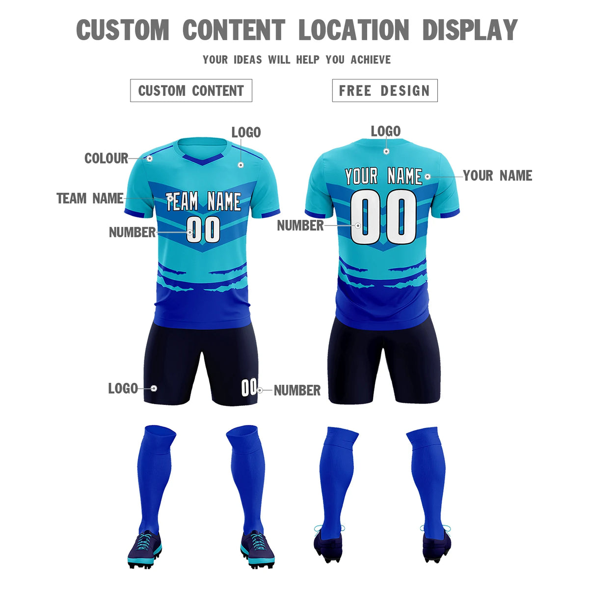 Custom Sky Blue Royal Blue Men Uniform Soccer Sets Jersey