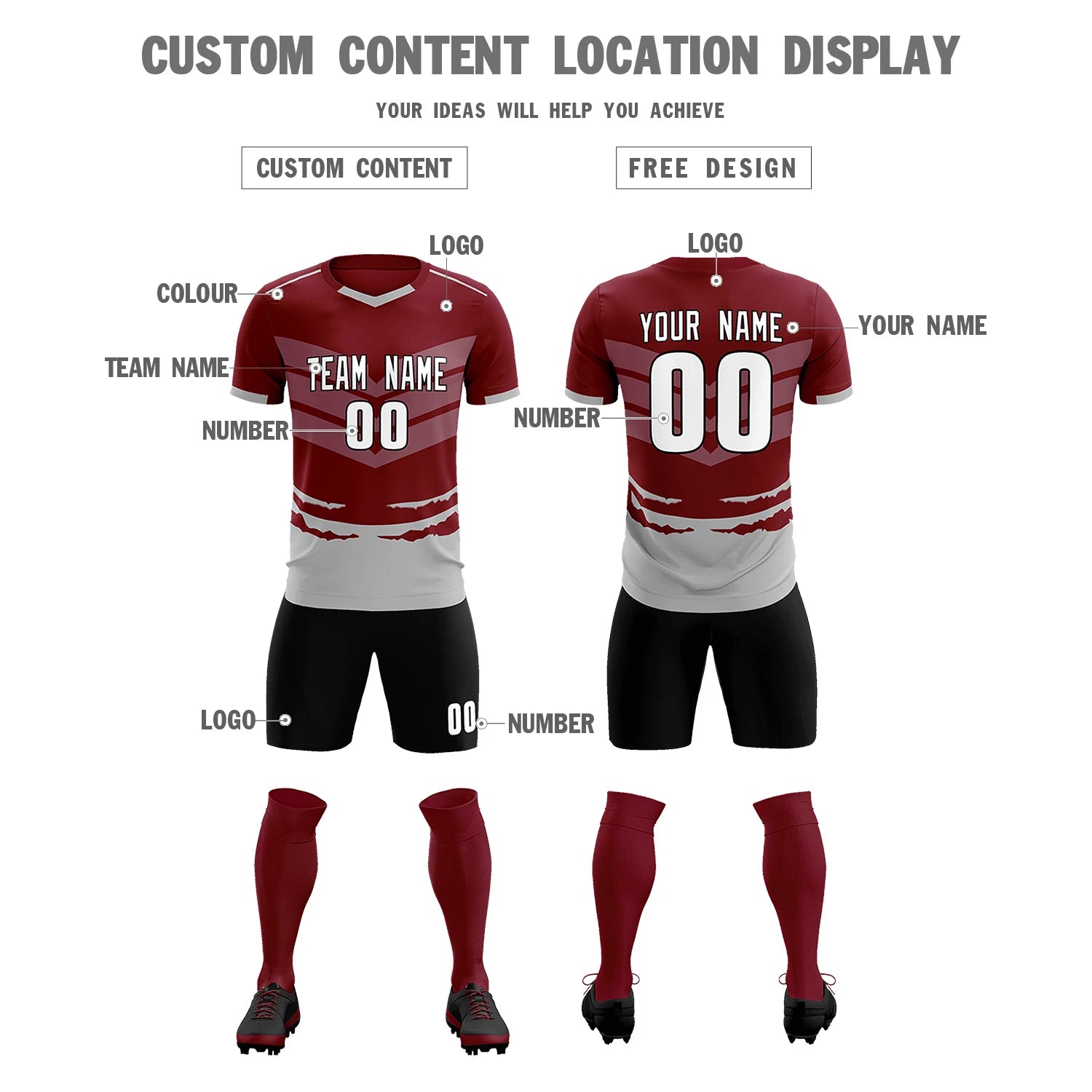 Custom Crimson Gray Men Uniform Soccer Sets Jersey