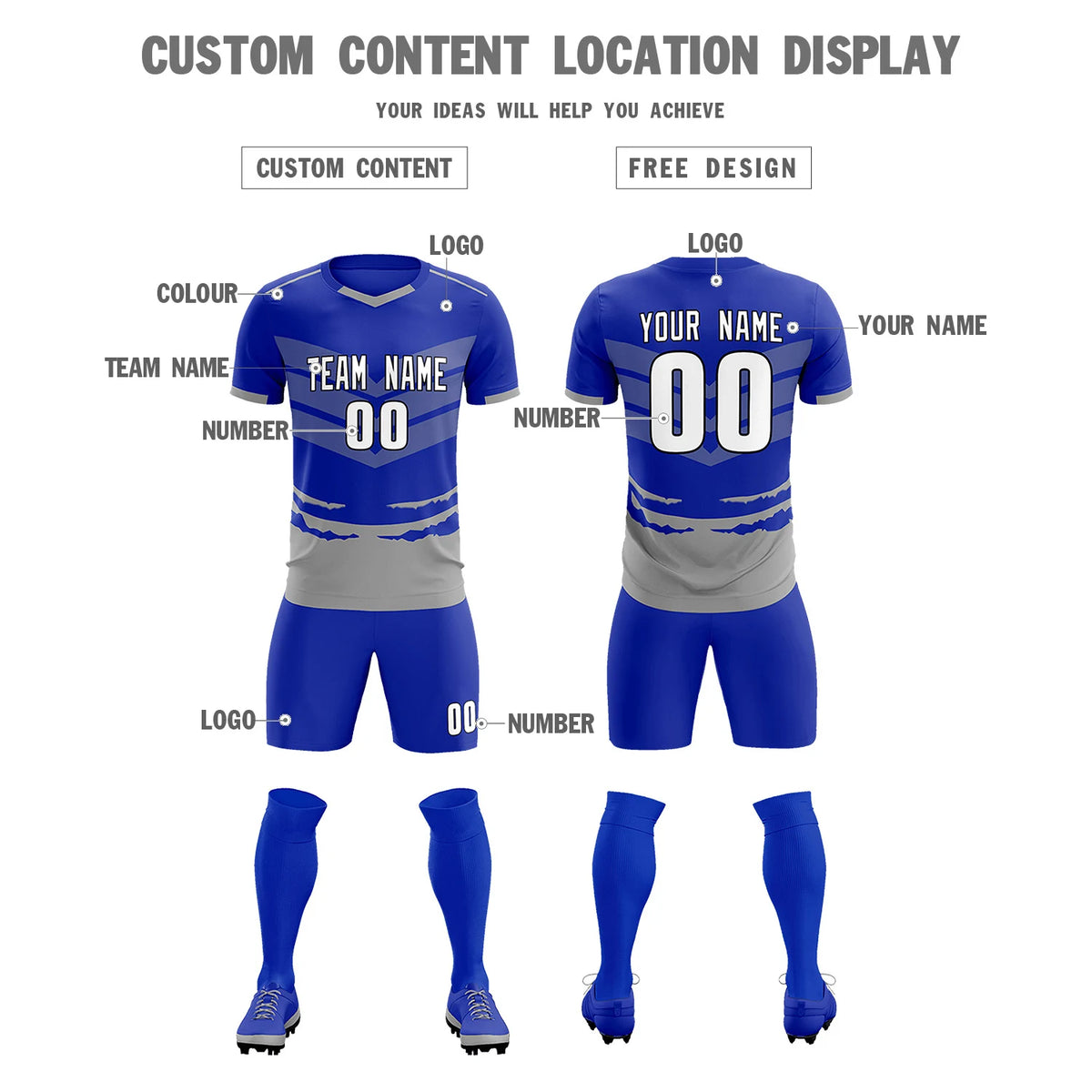 Custom Royal Blue Gray Men Uniform Soccer Sets Jersey