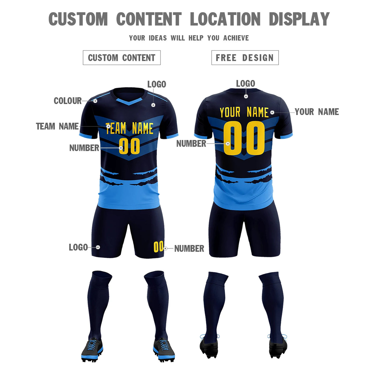 Custom Navy Powder Blue Men Uniform Soccer Sets Jersey