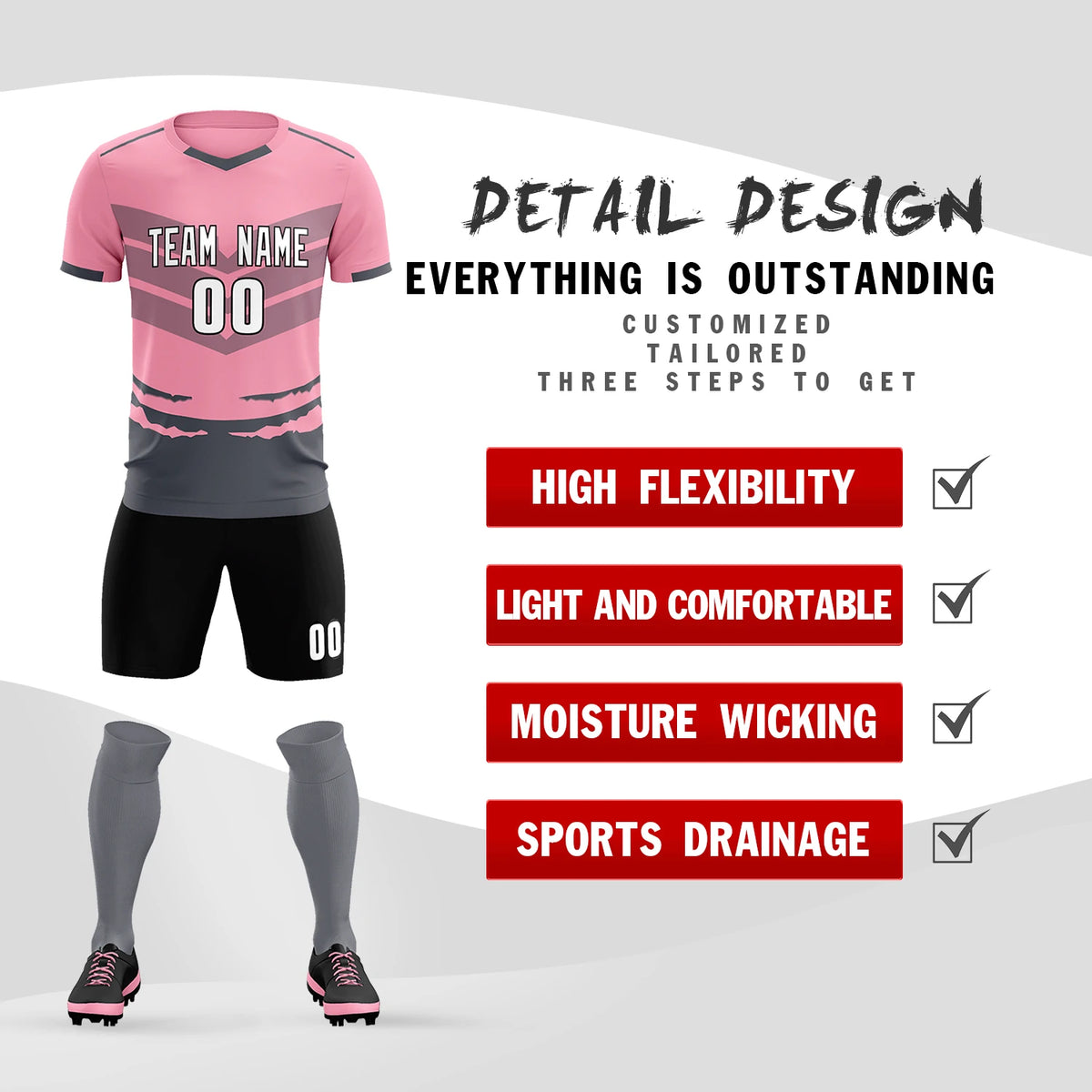 Custom Light Pink Gray Men Uniform Soccer Sets Jersey