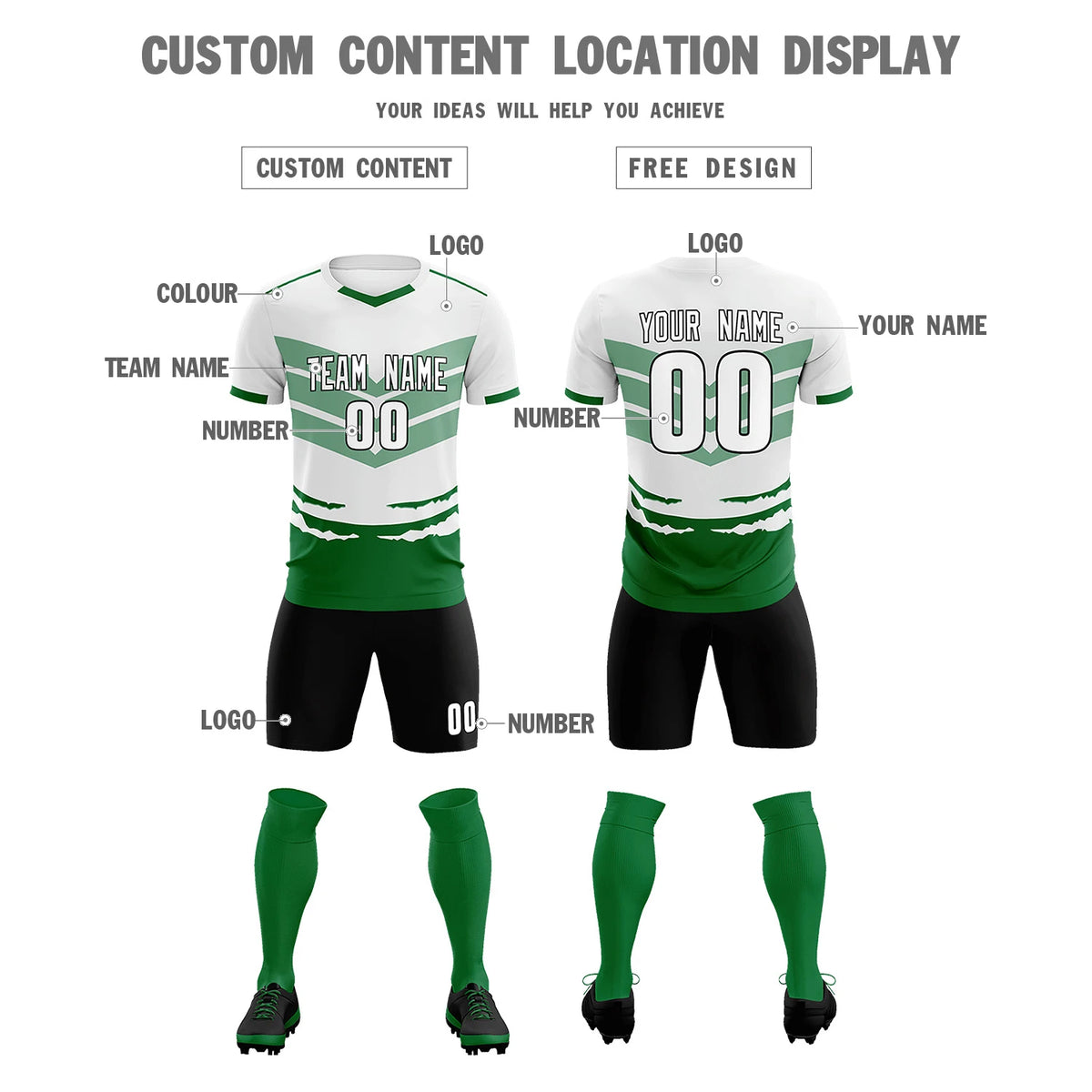 Custom White Kelly Green Men Uniform Soccer Sets Jersey