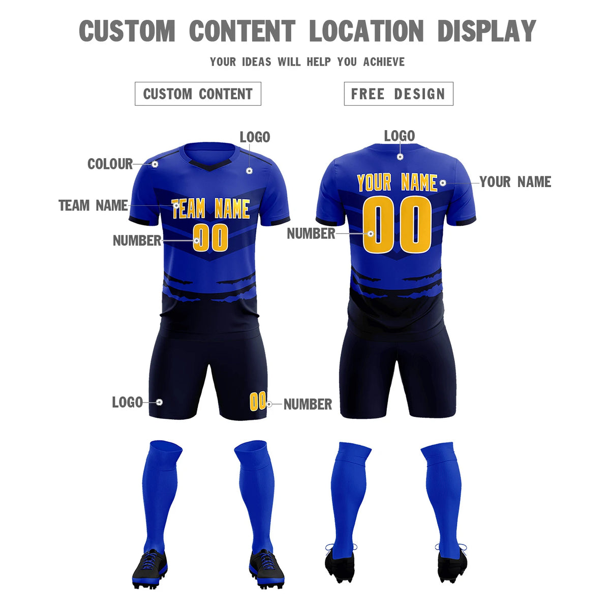 Custom Royal Blue Navy Men Uniform Soccer Sets Jersey