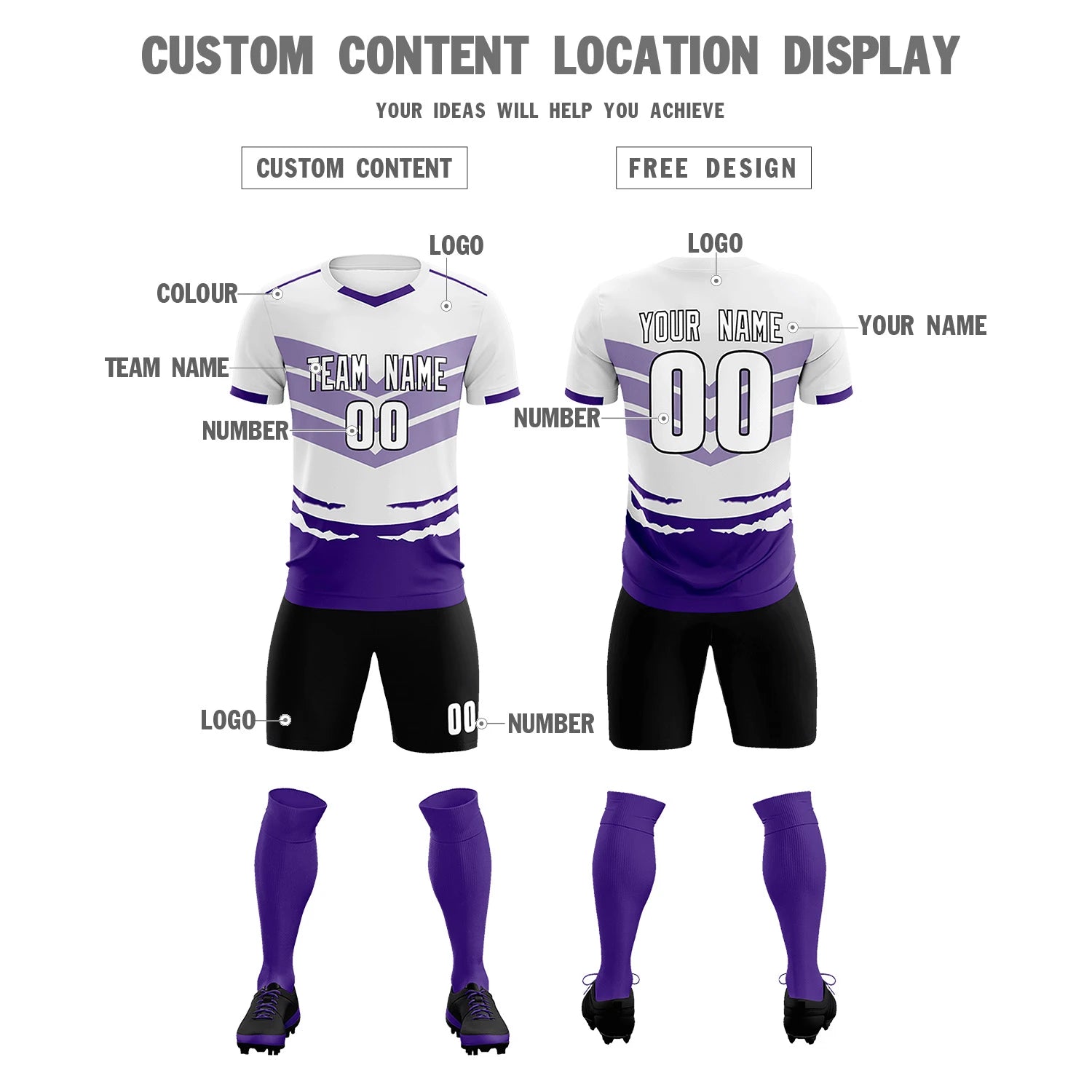 Custom White Purple Men Uniform Soccer Sets Jersey