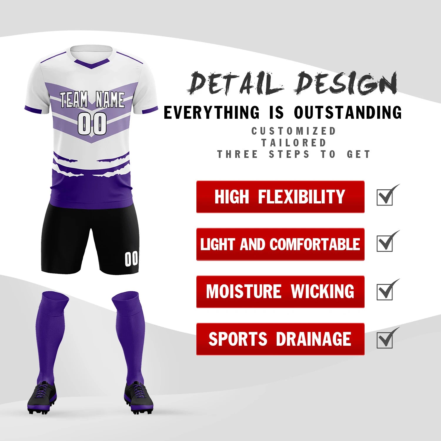 Custom White Purple Men Uniform Soccer Sets Jersey