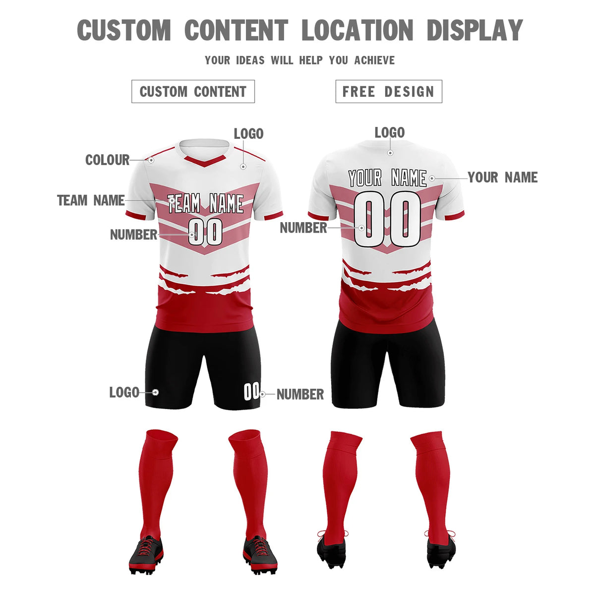 Custom White Red Men Uniform Soccer Sets Jersey