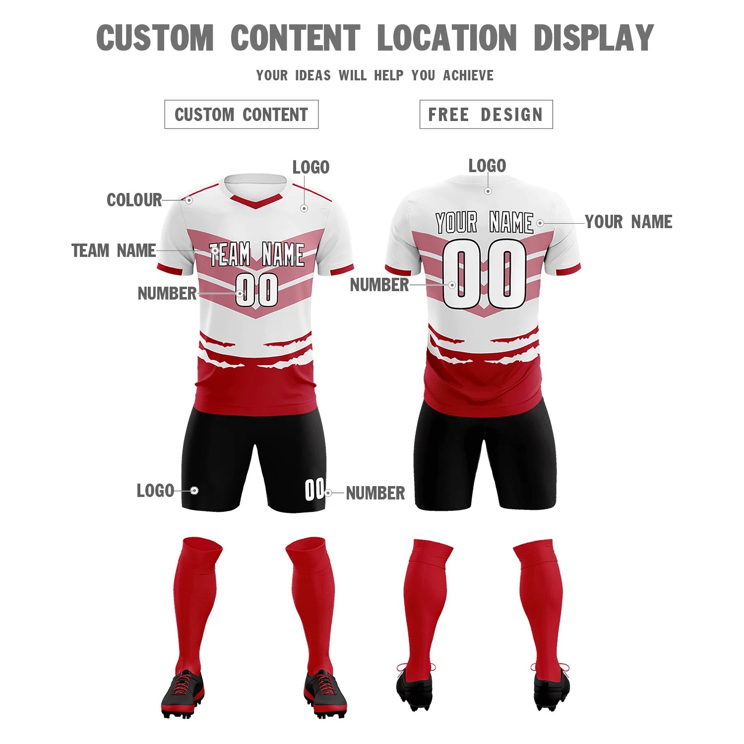 Custom White Red Men Uniform Soccer Sets Jersey