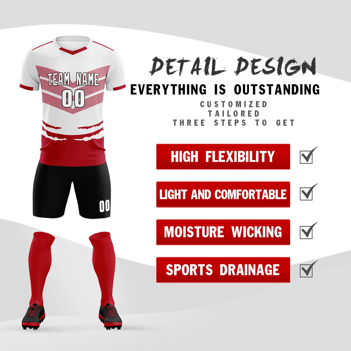 Custom White Red Men Uniform Soccer Sets Jersey