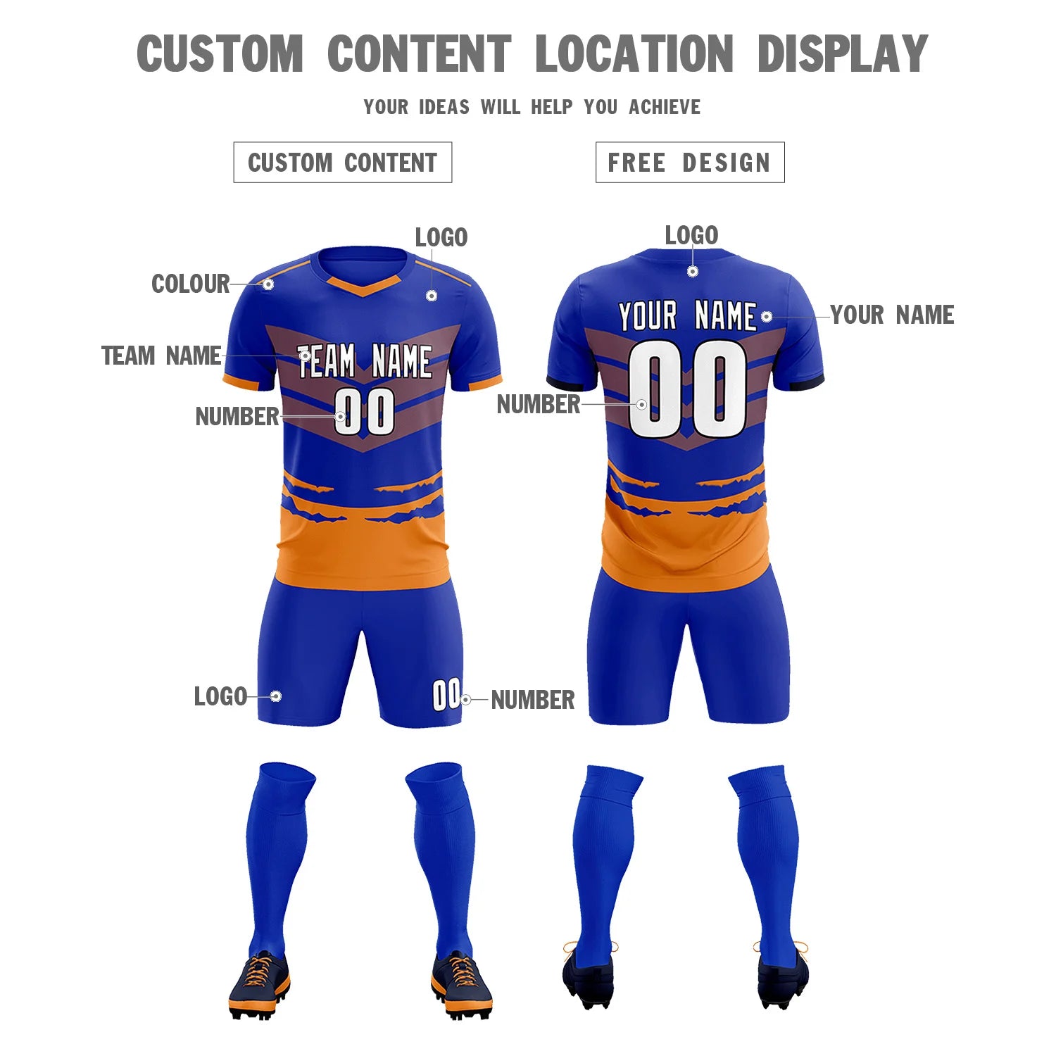 Custom Royal Blue Orange Men Uniform Soccer Sets Jersey