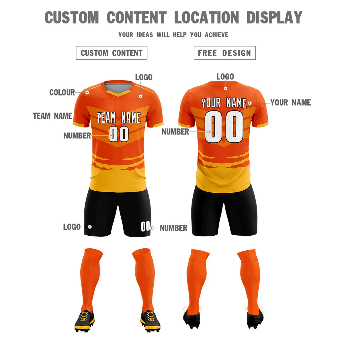 Custom Orange Yellow Men Uniform Soccer Sets Jersey