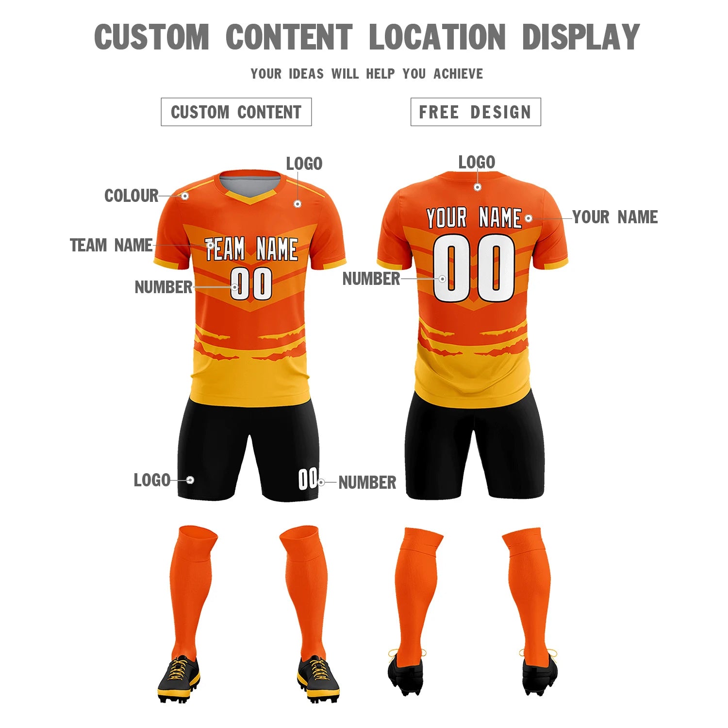 Custom Orange Yellow Men Uniform Soccer Sets Jersey