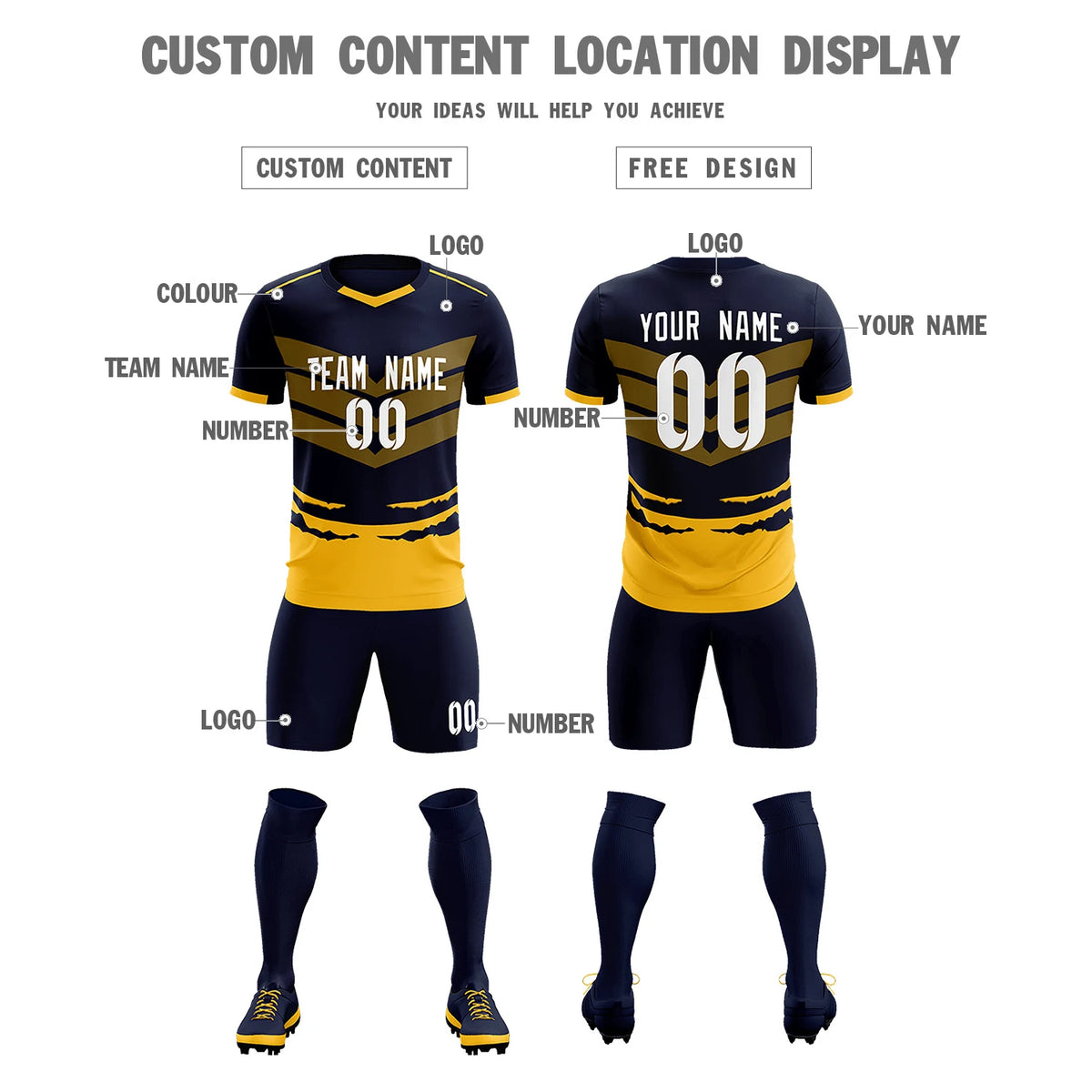 Custom Navy Yellow Men Uniform Soccer Sets Jersey