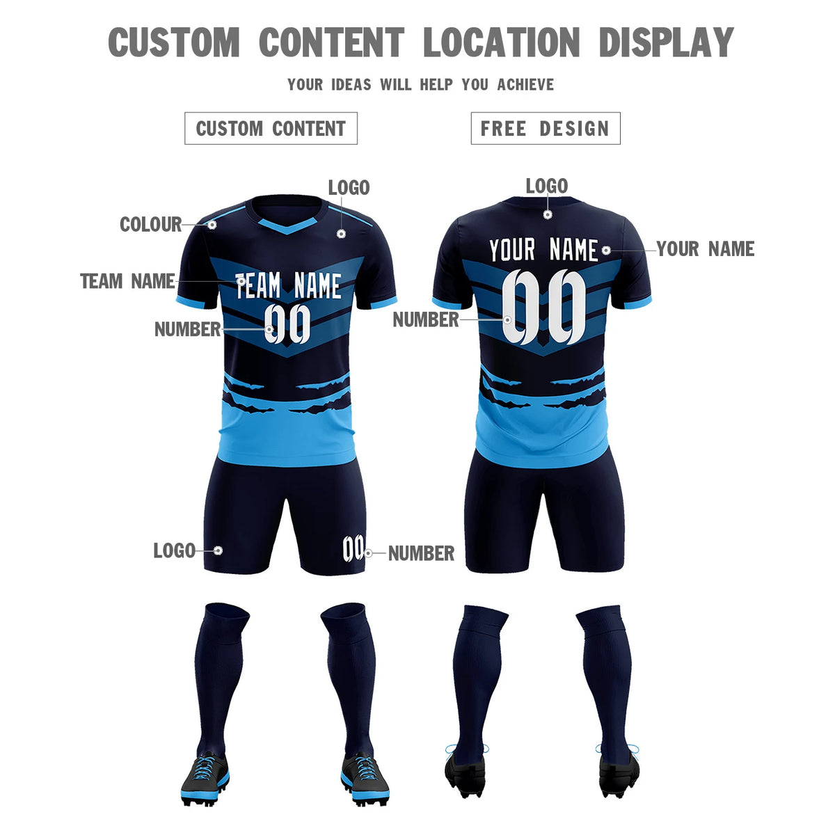 Custom Navy Powder Blue Men Uniform Soccer Sets Jersey