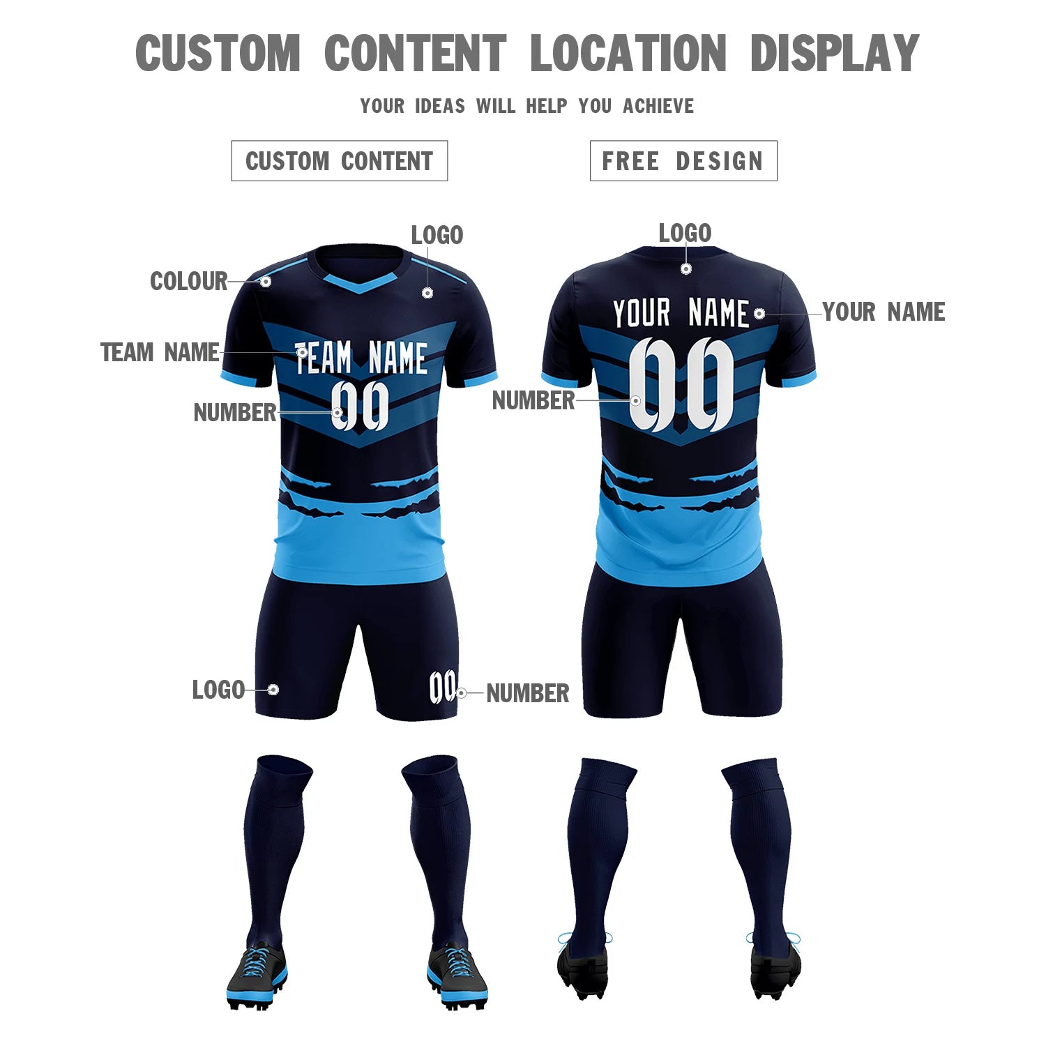 Custom Navy Powder Blue Men Uniform Soccer Sets Jersey