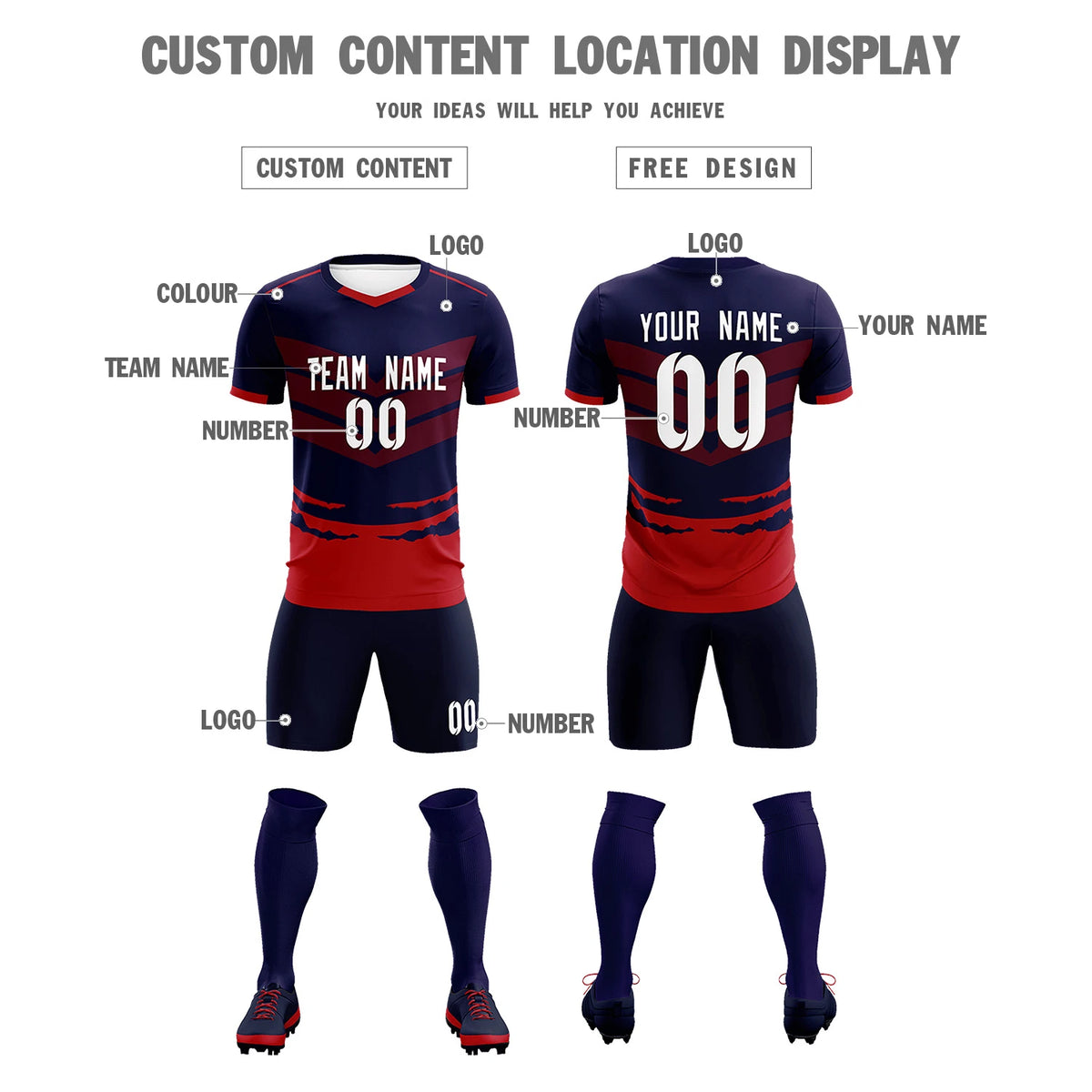 Custom Navy Red Men Uniform Soccer Sets Jersey