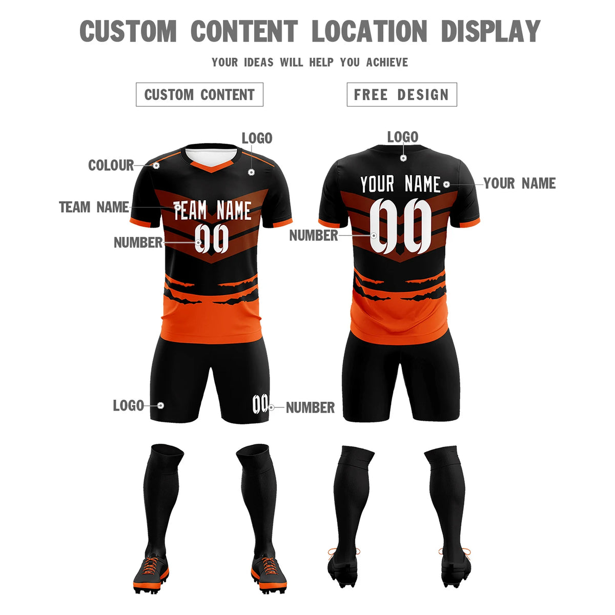 Custom Black Orange Men Uniform Soccer Sets Jersey