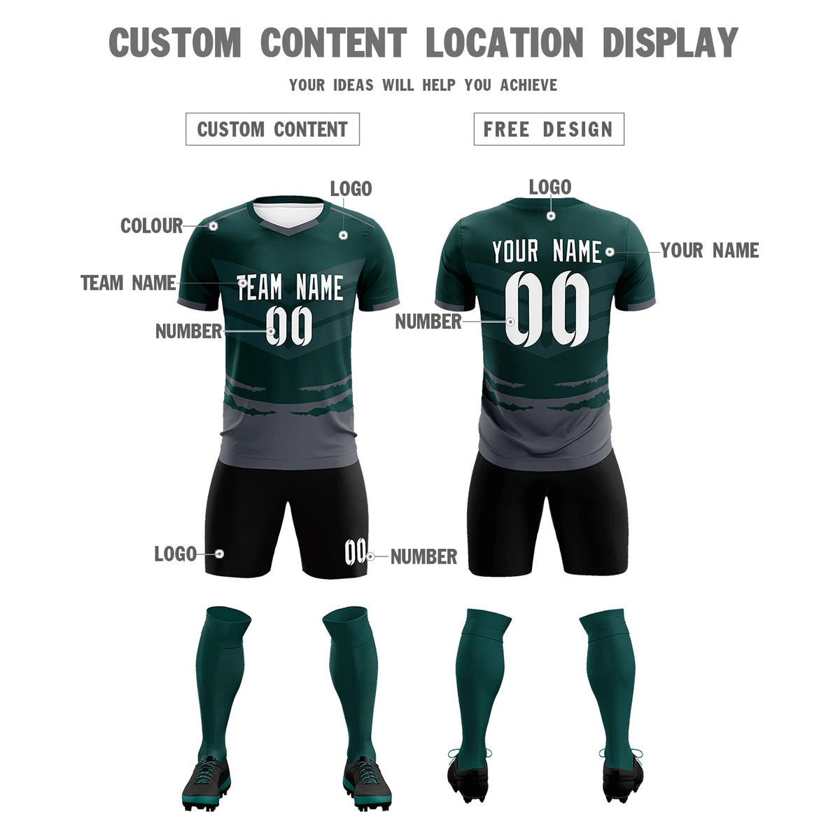Custom Midnight Green Dark Gray Men Uniform Soccer Sets Jersey
