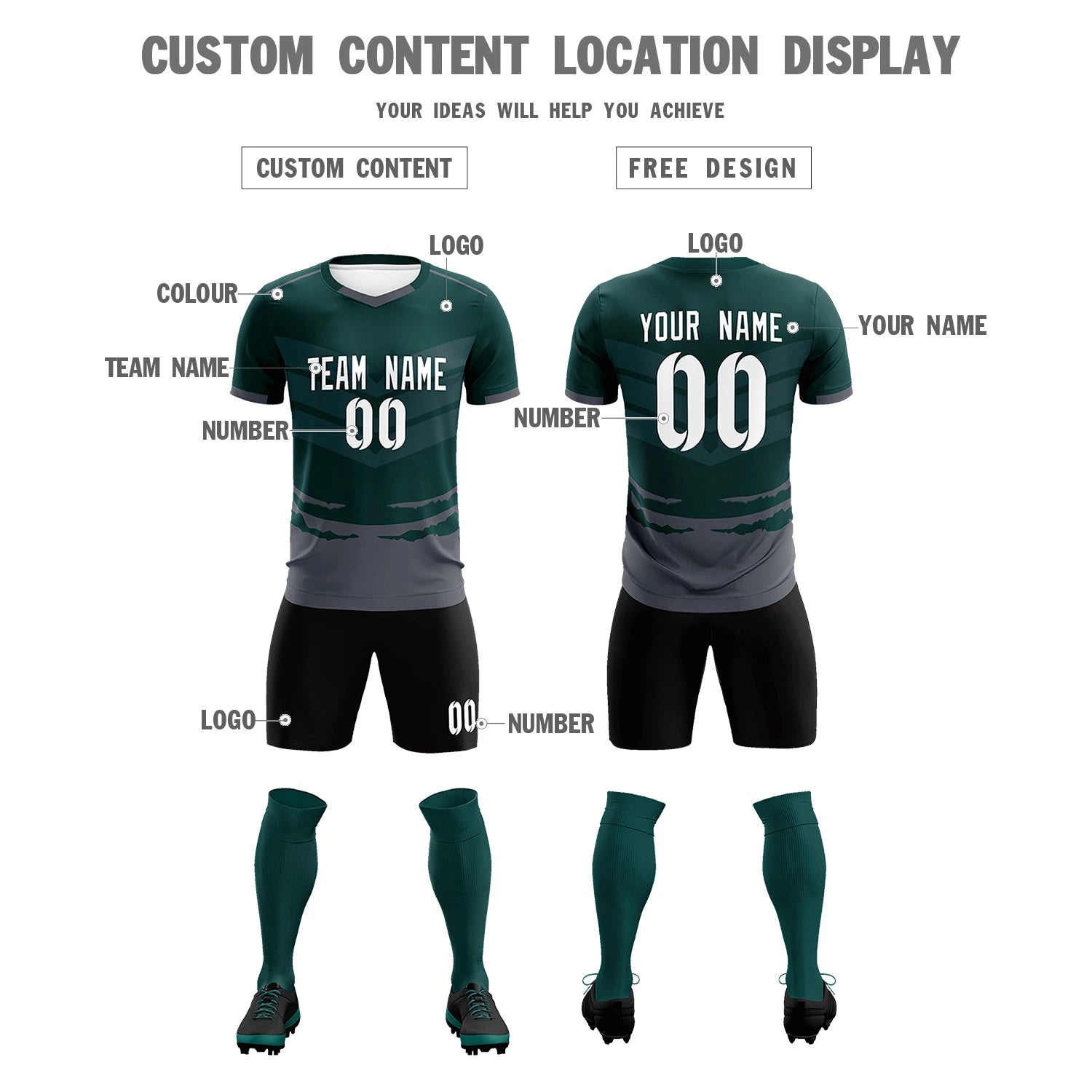 Custom Midnight Green Dark Gray Men Uniform Soccer Sets Jersey