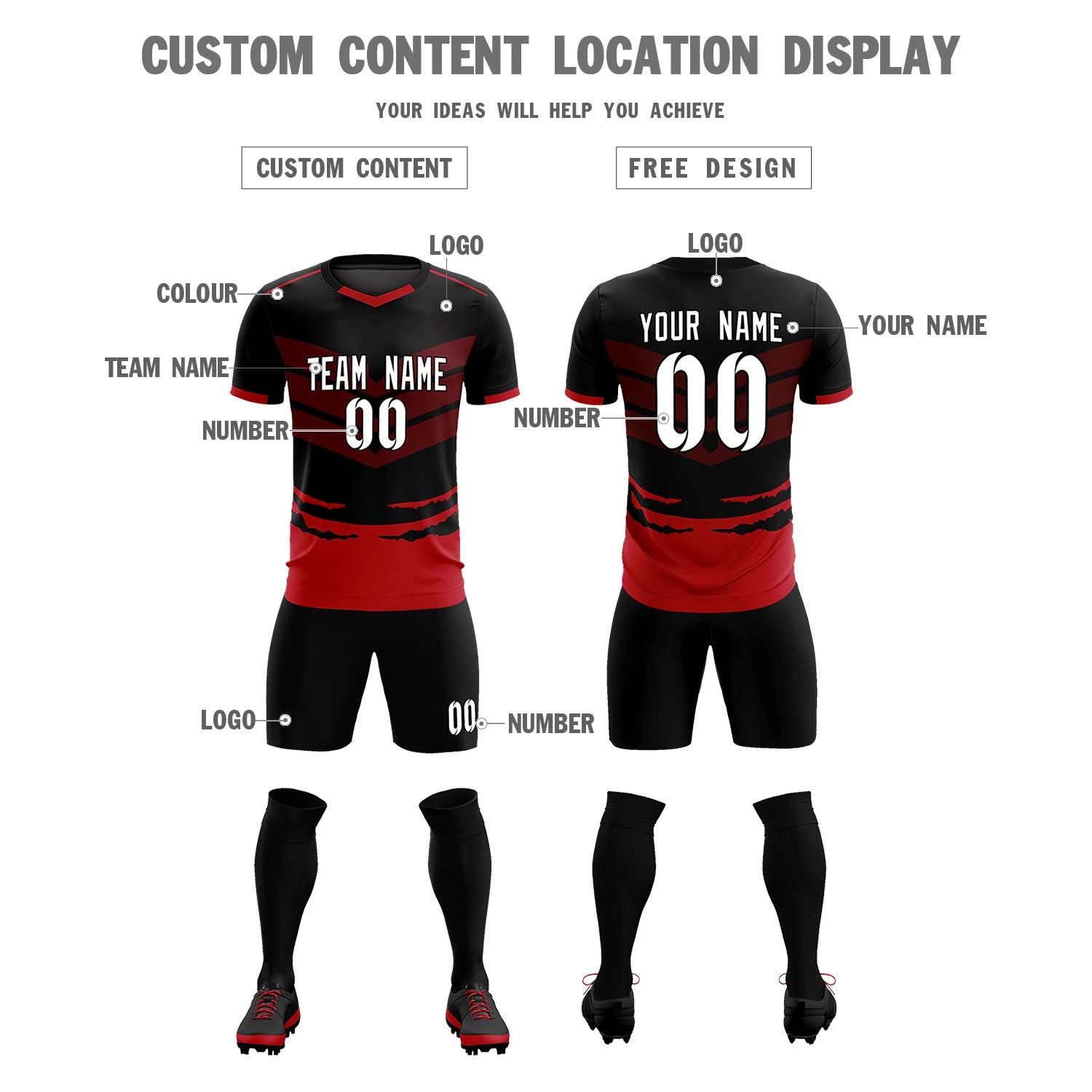 Custom Black Red Men Uniform Soccer Sets Jersey