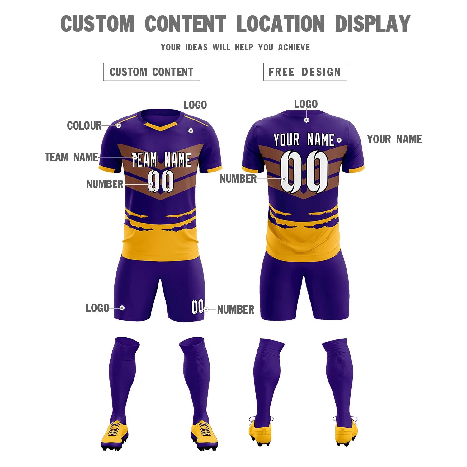 Custom Purple Yellow Men Uniform Soccer Sets Jersey