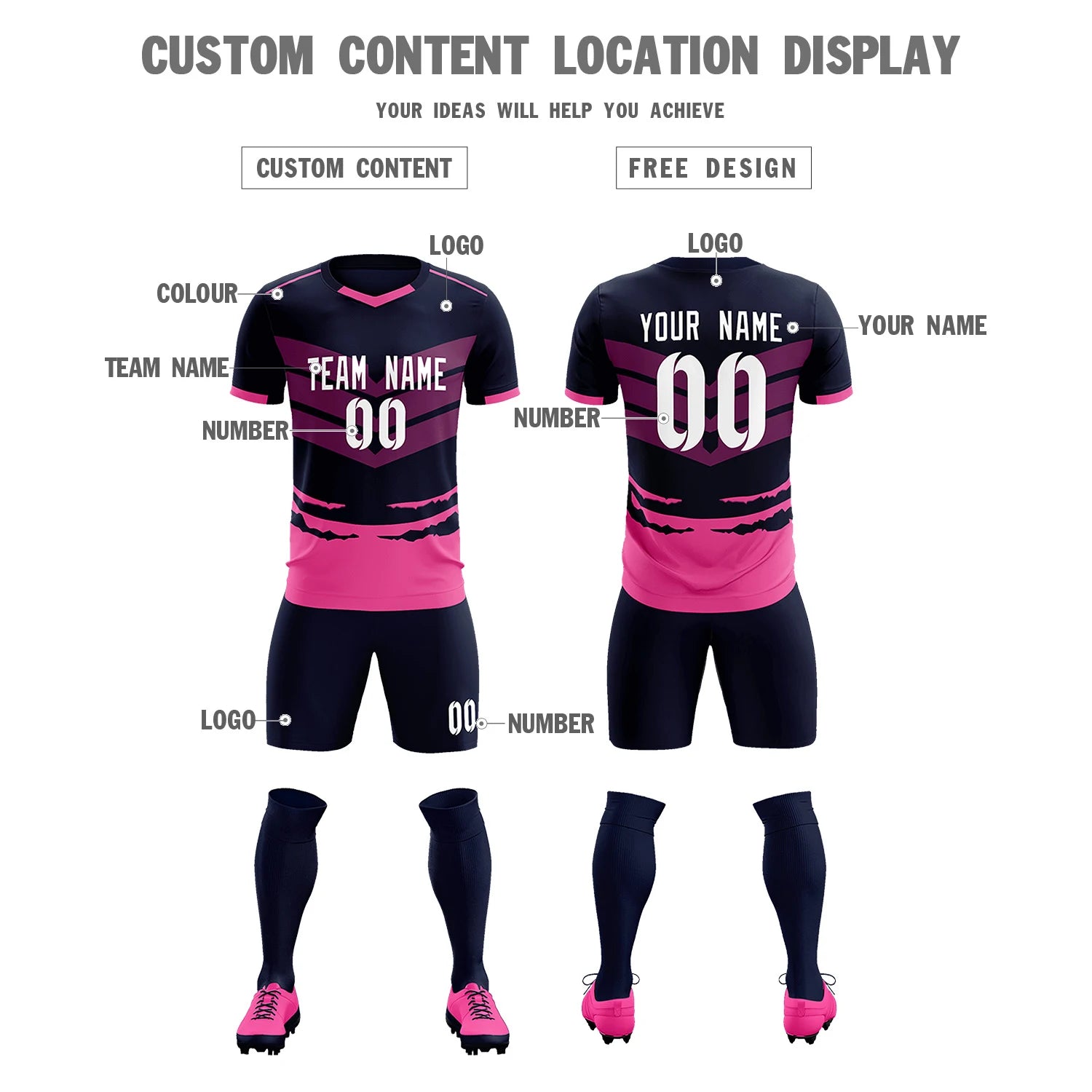 Custom Navy Pink Men Uniform Soccer Sets Jersey