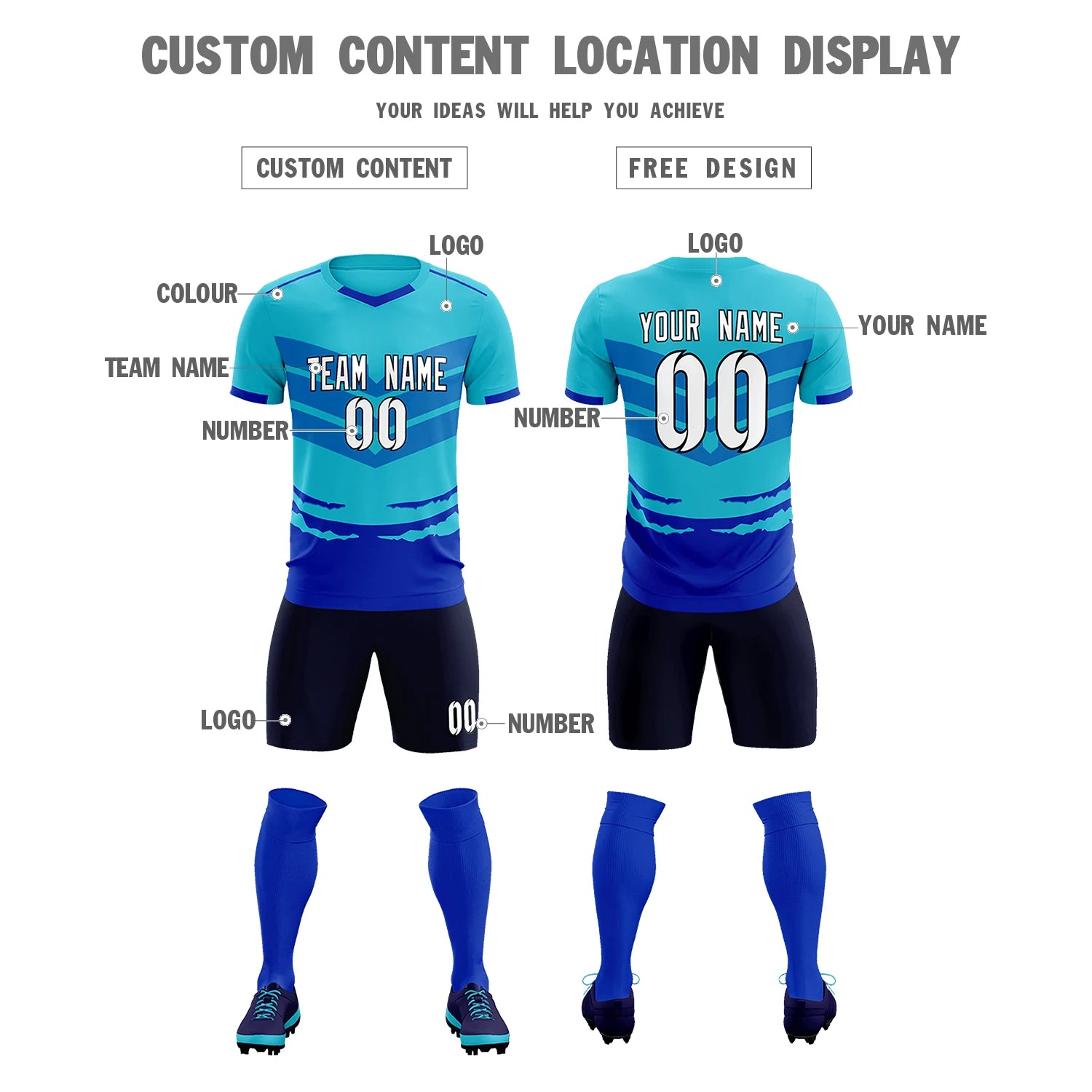 Custom Sky Blue Royal Blue Men Uniform Soccer Sets Jersey