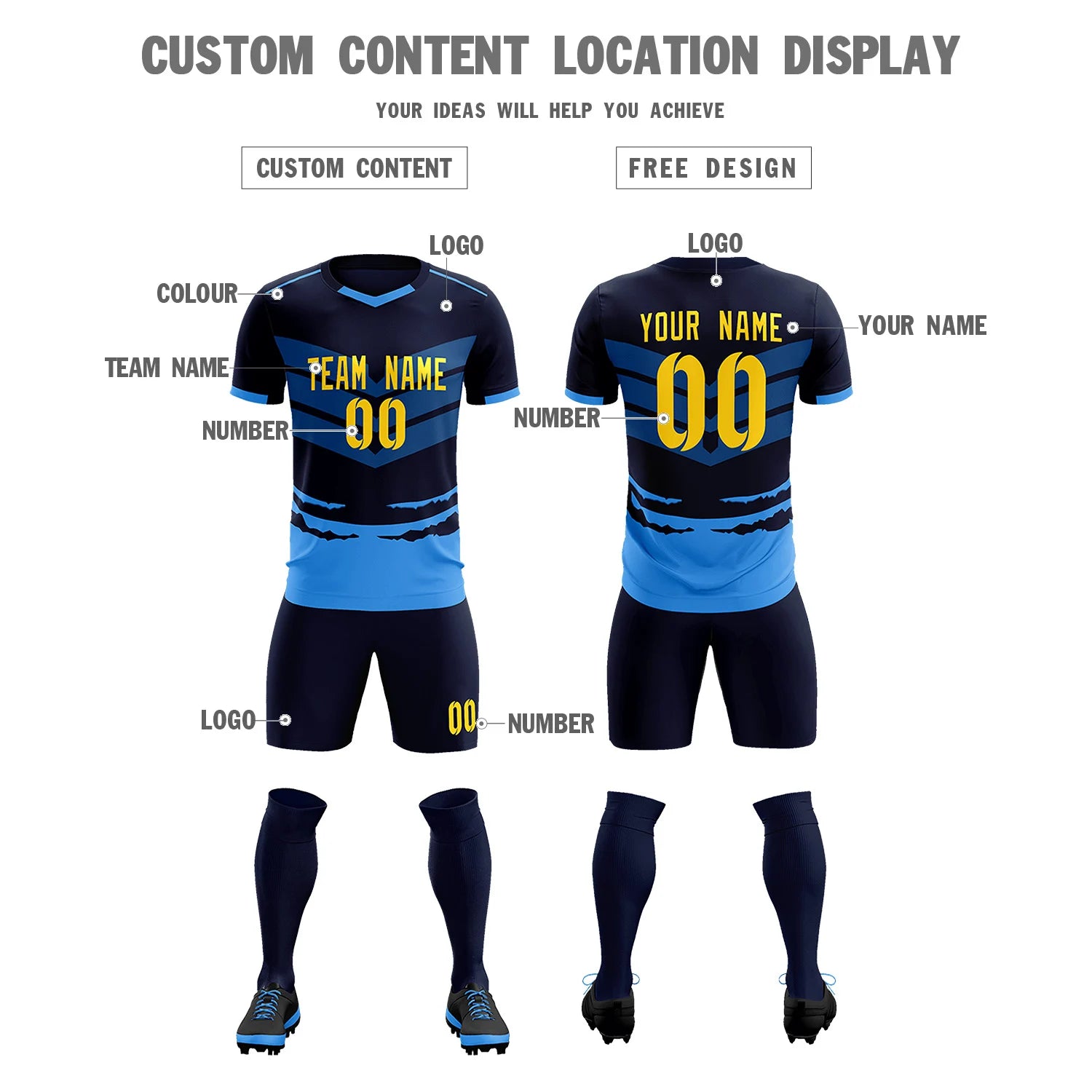 Custom Navy Powder Blue Men Uniform Soccer Sets Jersey
