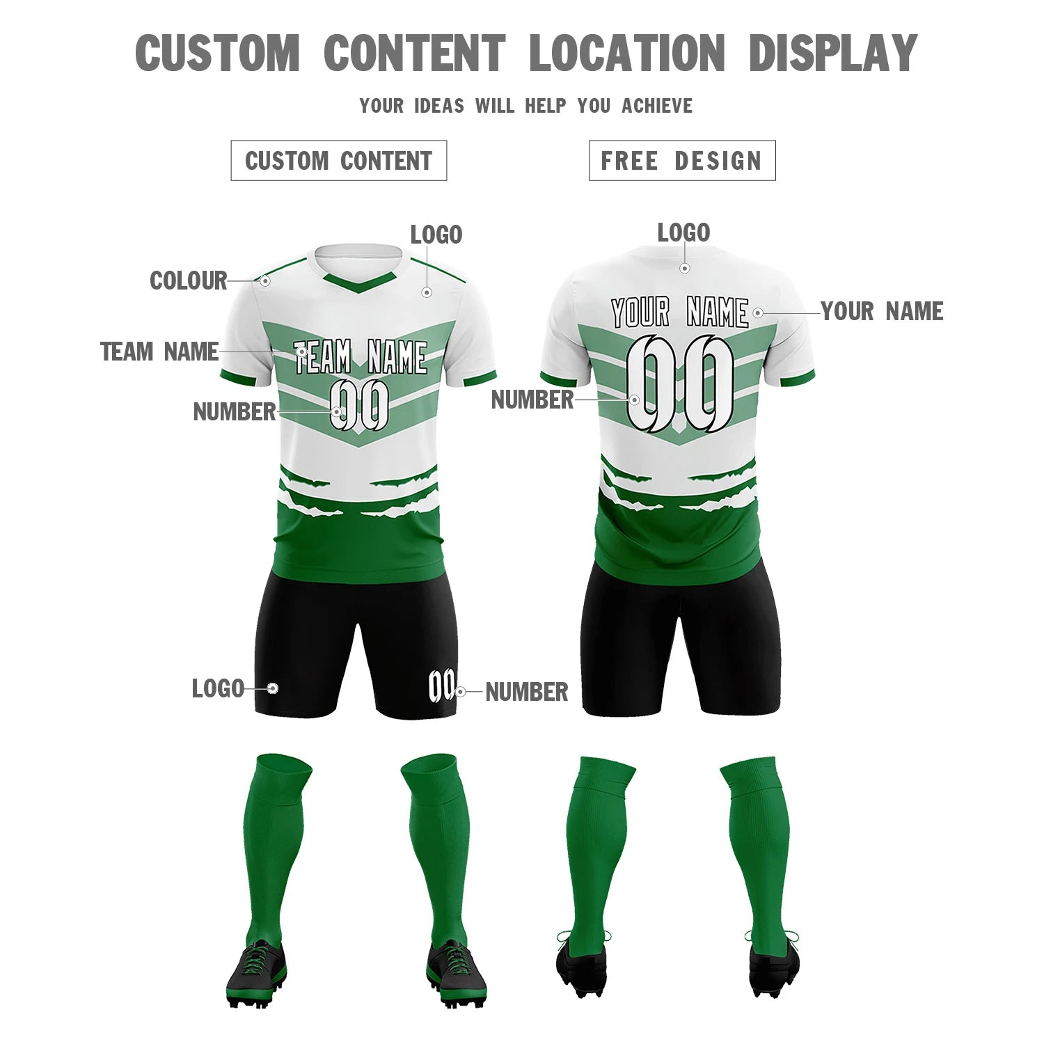 Custom White Kelly Green Men Uniform Soccer Sets Jersey