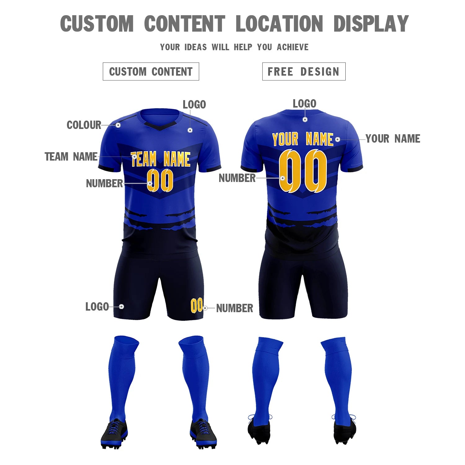 Custom Royal Blue Navy Men Uniform Soccer Sets Jersey