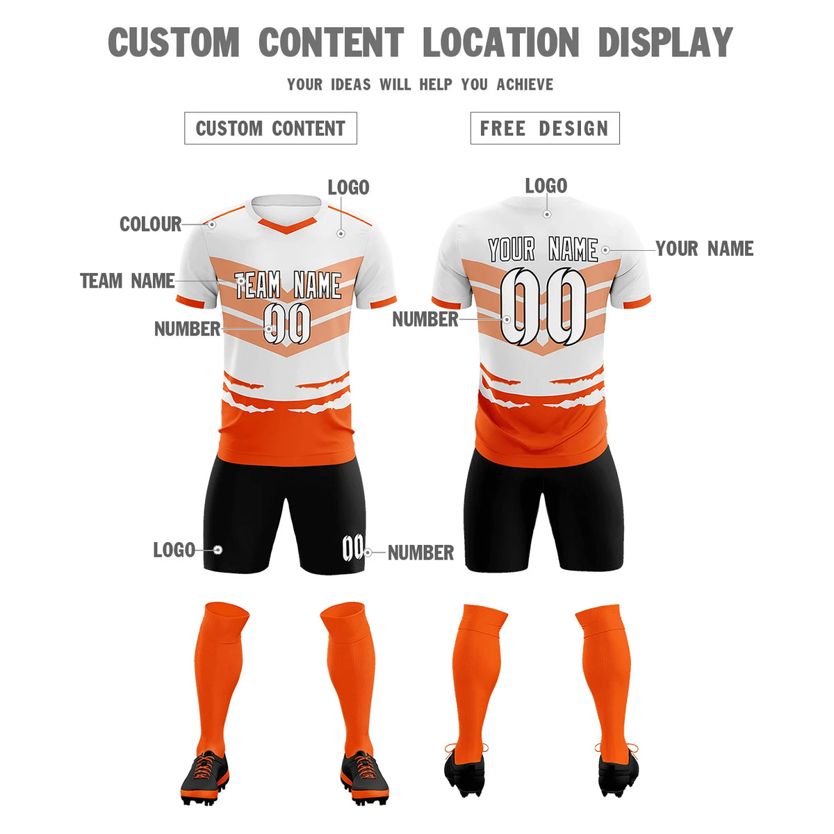 Custom White Orange Men Uniform Soccer Sets Jersey