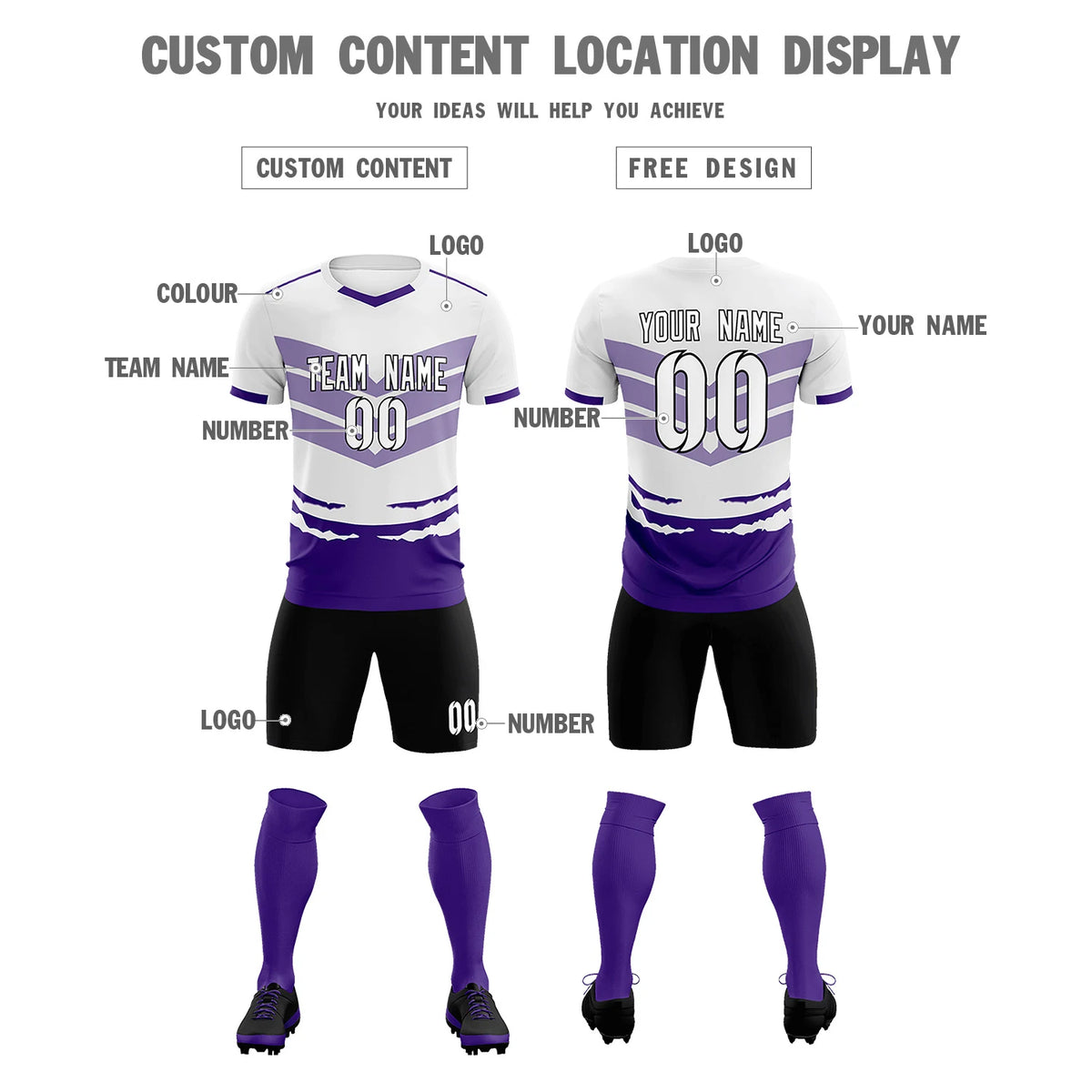 Custom White Purple Men Uniform Soccer Sets Jersey